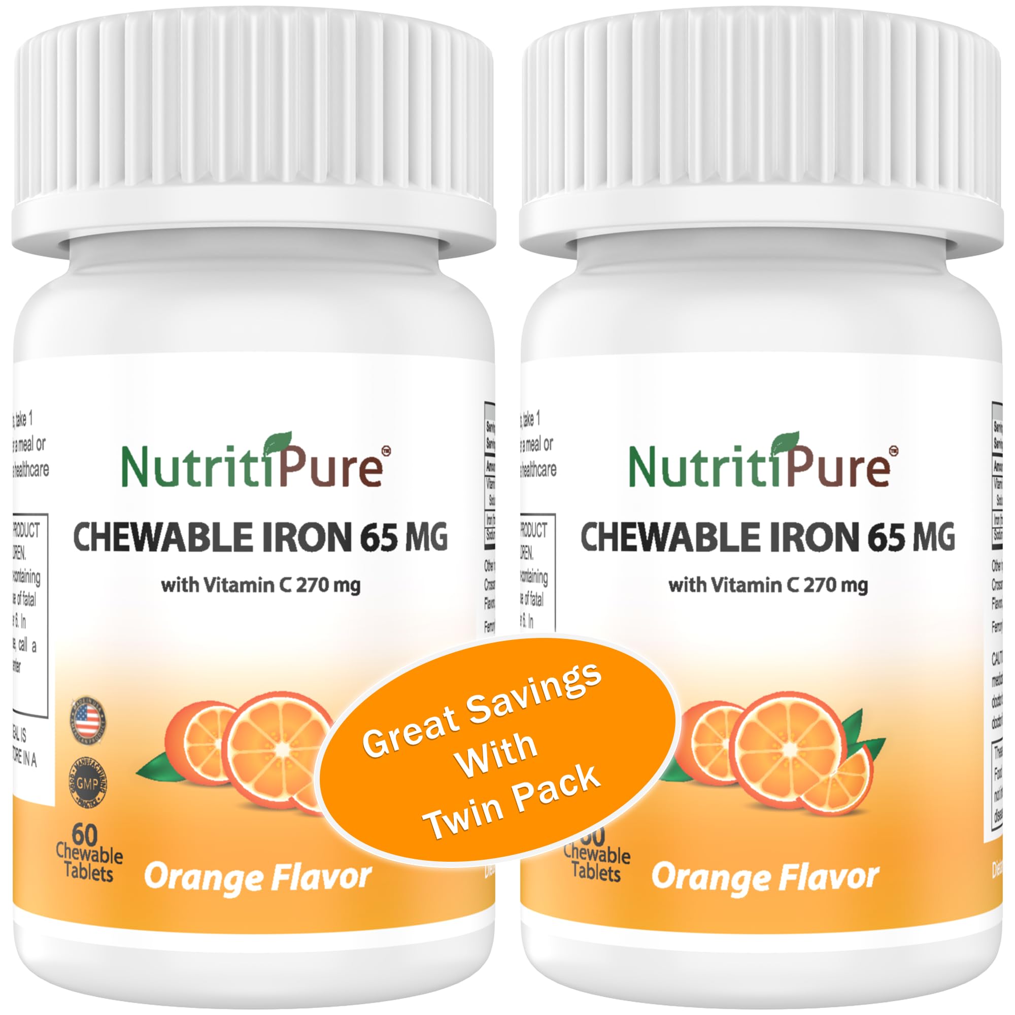 Chewable Iron 65 mg with Vitamin C 270 mg - Tablet in Orange Flavor 60 Count x 2 Bottles (Twin Pack)