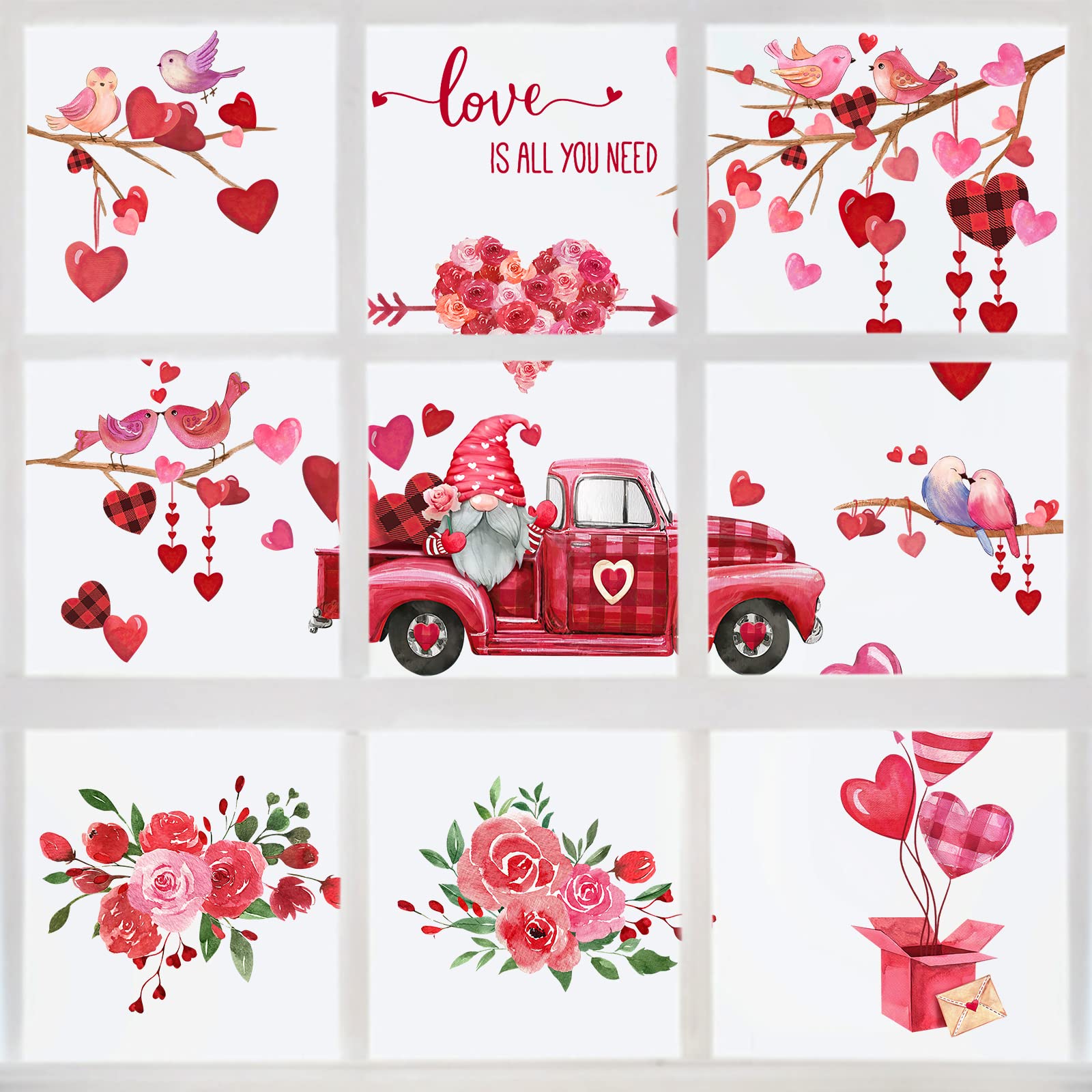 Mfault Valentine's Day Window Clings 9 Sheets, Love Heart Gnome Truck Glass Stickers Decals Flower Farmhouse Decoration, Branch Magpies Kisses Home Kitchen Decor Gift