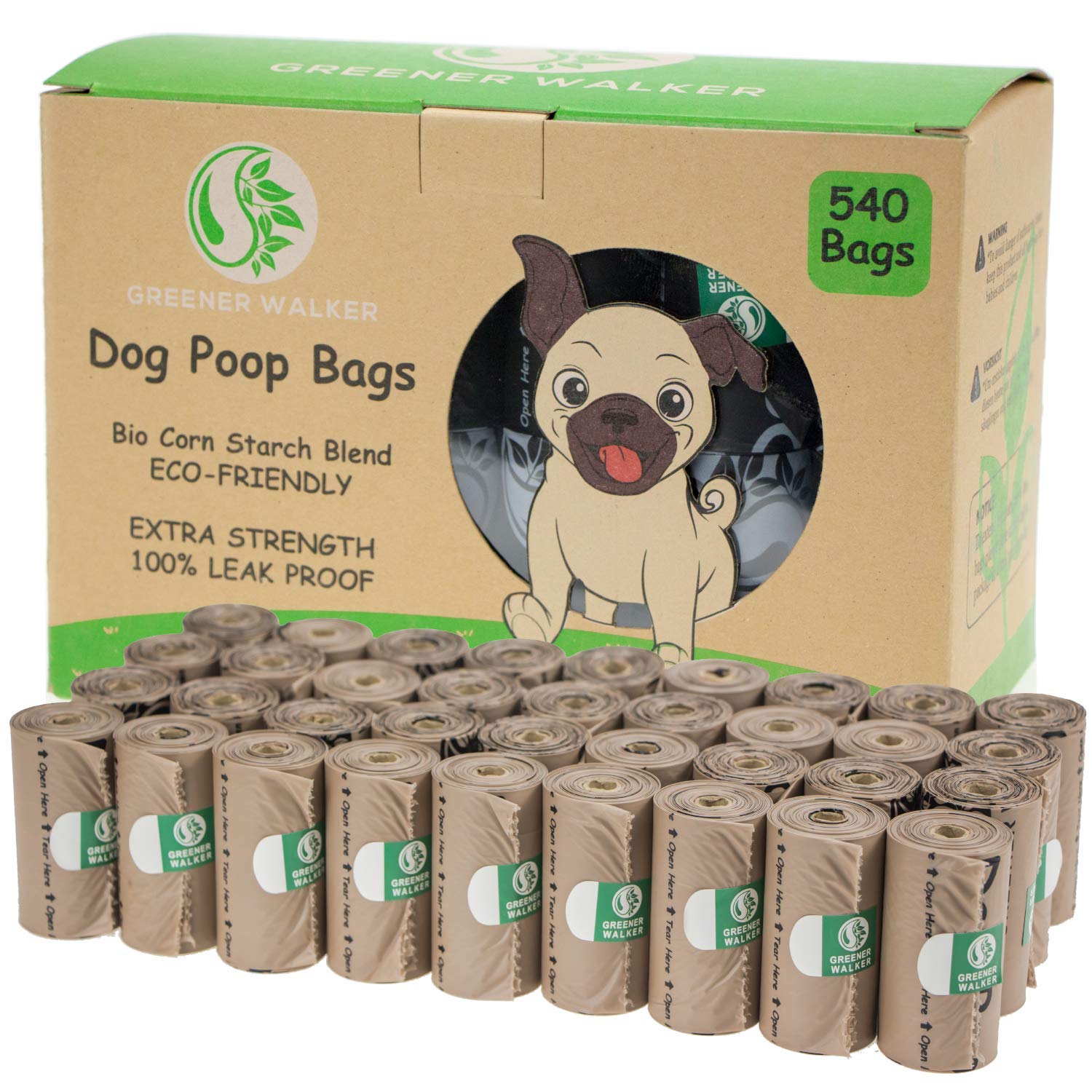 GREENER WALKERPoo Bags for Dog Waste, 540 Poop Bags,Extra Thick Strong 100% Leak Proof Biodegradable Dog Poo Bags (Brown)