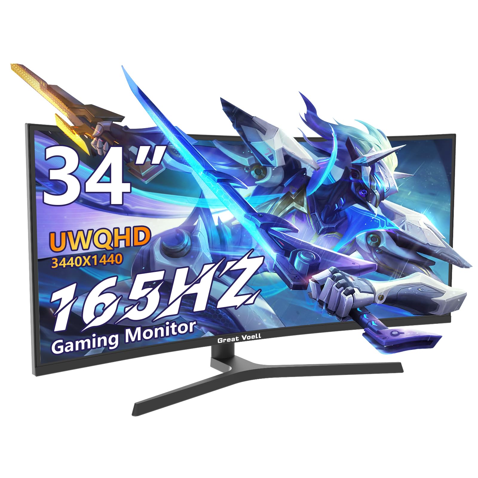 Great voell34 Inch Ultrawide Monitor, 21:9, UWQHD(3440x1440P),1500R Curved Gaming Monitor, 165Hz, HDR, 1ms, Anti-Blue Light Eye Protection, VESA, with FreeSync, HDMI 2.0 x 2, DP 1.4 x 2, Lifting Base