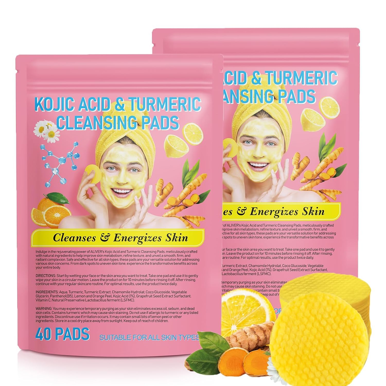 NIFEISHITurmeric Kojic Acid Cleansing Pads, 80pcs Kojic Acid and Turmeric Cleansing Pads with Vitamin B5, Vitamin C Turmeric, Face Pads, Sugar Turmeric Cleansing Pads for Face