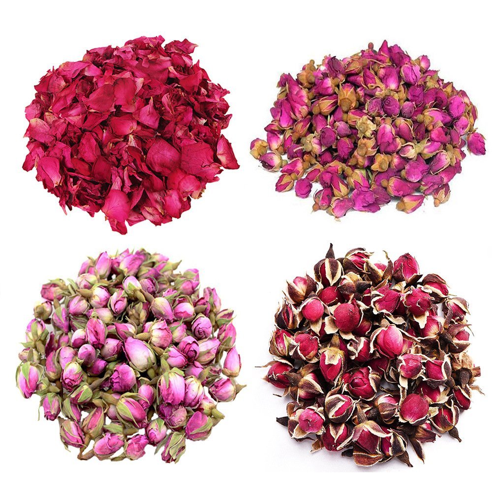 TooGet Flower Petals and Buds Variety Rose 4 Bags Includes Rose Petals Rose Buds Rosa Damascena Golden-Rim Rose Green Tea Bulk Flower to Make Botanical Oil for Kinds of Crafts