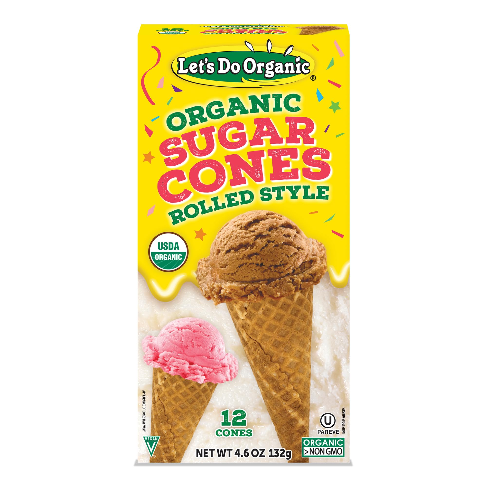 Let's Do Organic Rolled Style Sugar Cones - Organic Ice Cream Cones, Sugar Cones for Ice Cream, Waffle Cones for Ice Cream - 4.6 Ounce (Pack of 12)