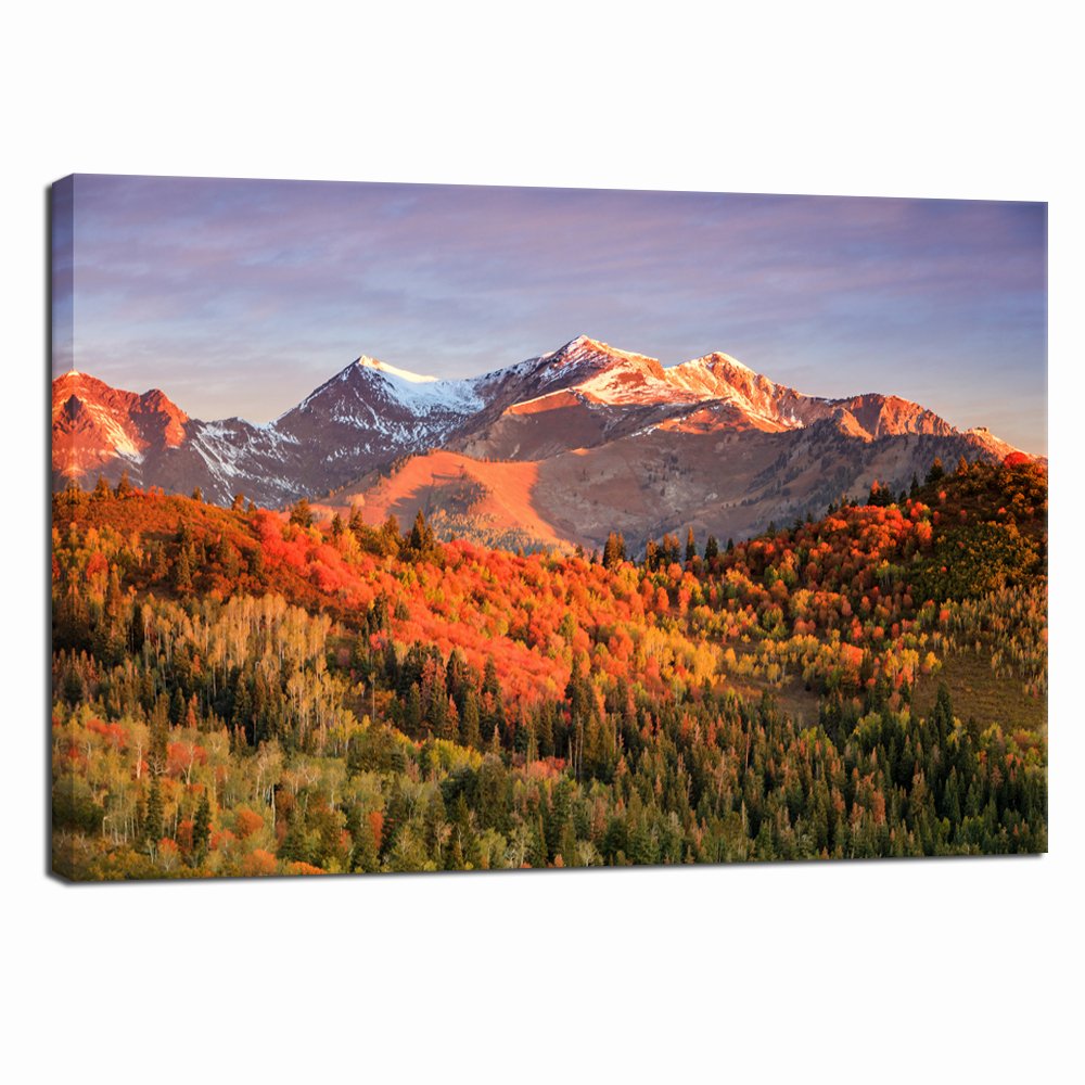 LevvArtsAutumn Landscape Wall Art Sunrise on The Wasatch Mountains Utah USA Picture Canvas Print Fall Nature Painting Stretched and Framed Modern Home Living Room Decoration