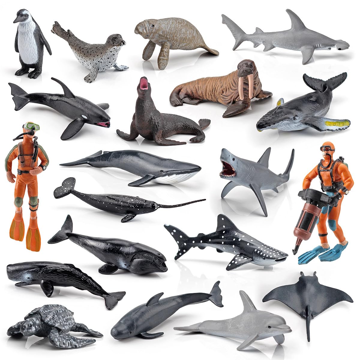 TOYBY Ocean Sea Animal Toys for Kids, 20 Pcs Deep Ocean Animal Toys Scuba Diver, Realistic Toys Miniature Toys Marine Animals Cake Topper Christmas Birthday Gift for Kids