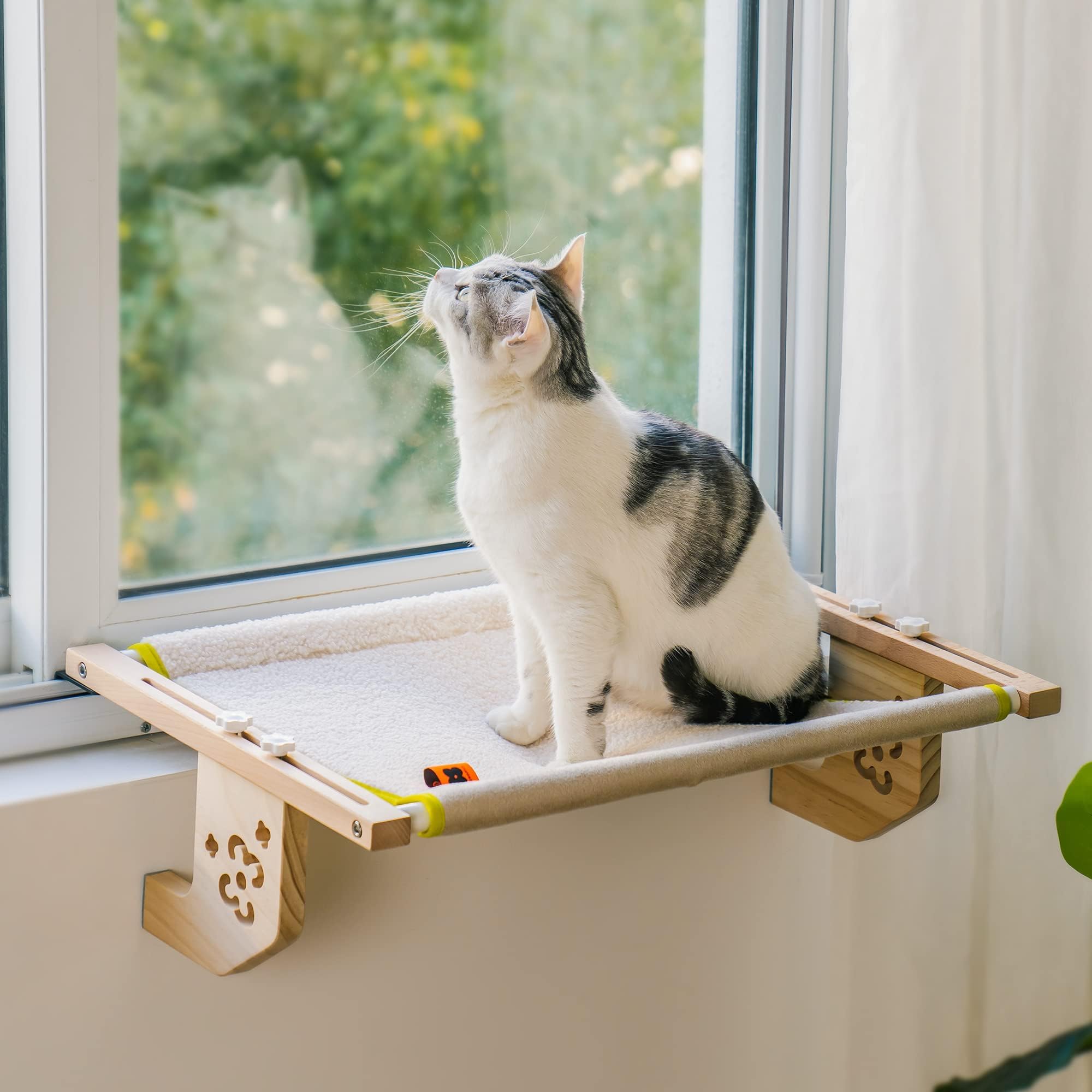 MEWOOFUNSturdy Cat Window Perch Hammock Bed with Wood & Metal Frame for Cats Easy to Assemble for Windowsill, Bedside, Drawer and Cabinet More (Beige, M-22"x 14.5"x 6.7")