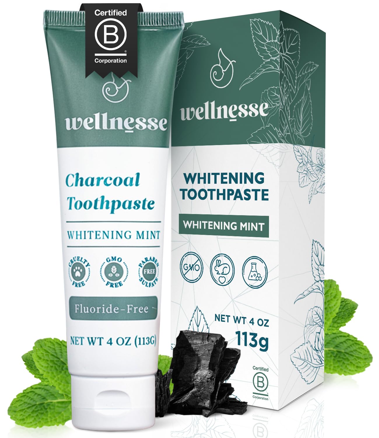 WellnesseActivated Charcoal Whitening Toothpaste with Xylitol - Natural Teeth Whitening & Breath Freshness + Fluoride-Free, Vegan, No Glycerin - Whitens, Strengthens, & Purifies