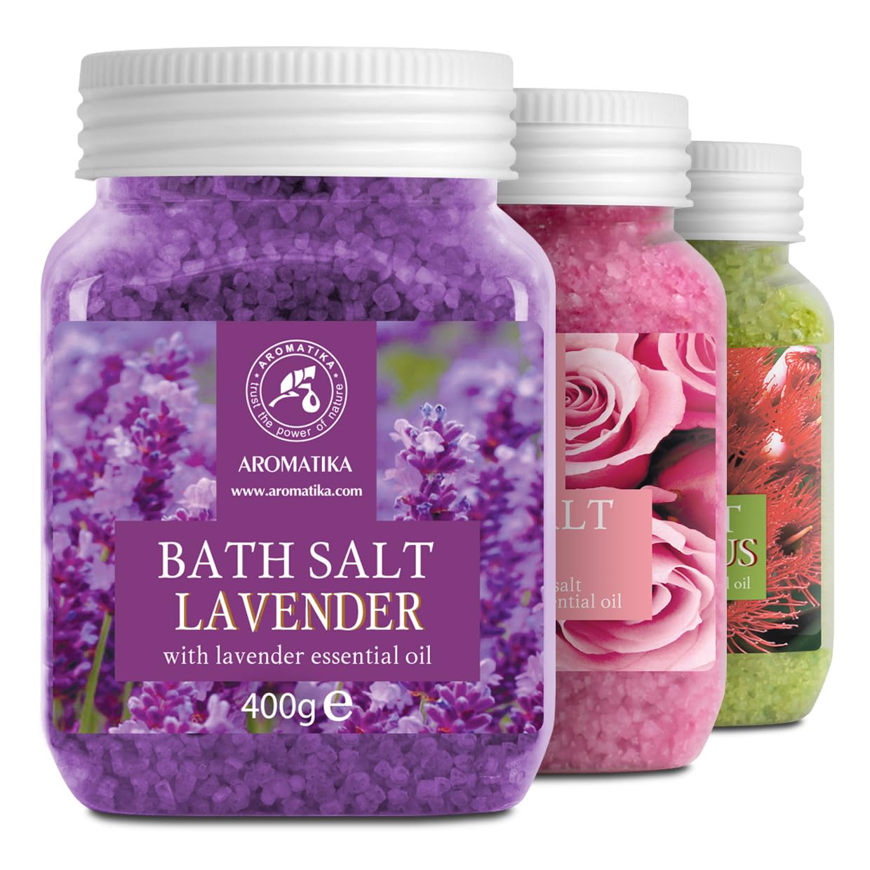 Bath Salts Set 3x400g - Lavender - Rose - Eucalyptus - 100% Natural Essential Oil - Best for Good Sleep - Stress Relief - Bathing - Body Care - Wellness - Beauty - Relaxation - Spa