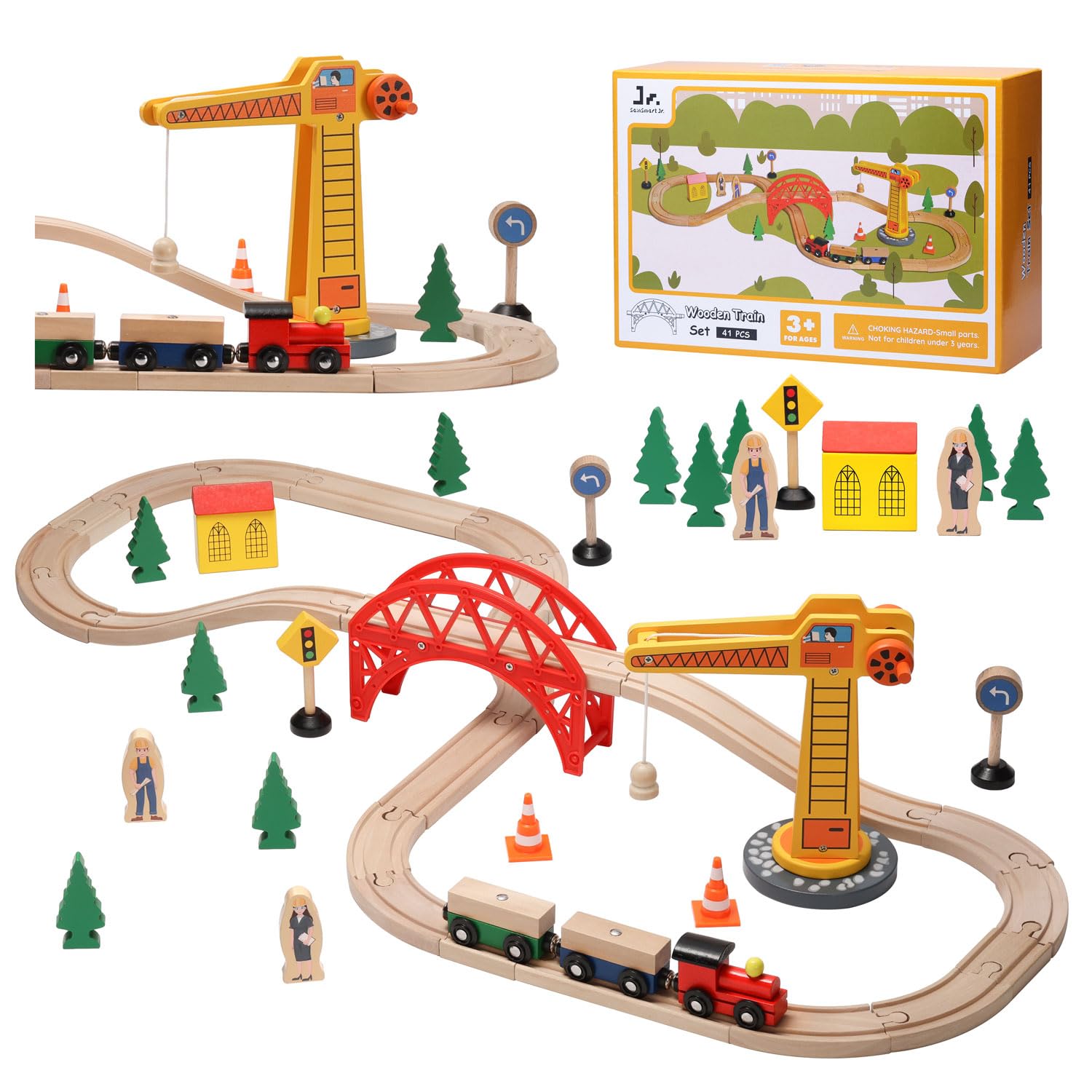 SainSmart Jr. Wooden Train Set for Toddler, 41pcs Wood Train Track w/Crane Fits Brio, Thomas, Melissa and Doug, Kids Wood Toy Train for Kids Ages 3+