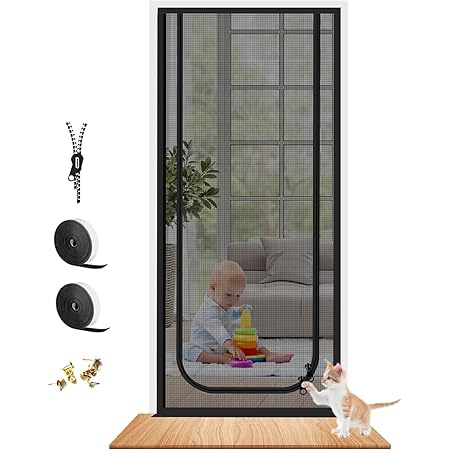 Dixutzi Reinforced Cat Screen Door Fits Door Size 30''x 80'', Heavy Duty Pets Proof Screen Door with Zipper, Prevent Dogs Cats Running Out from Home (Black)