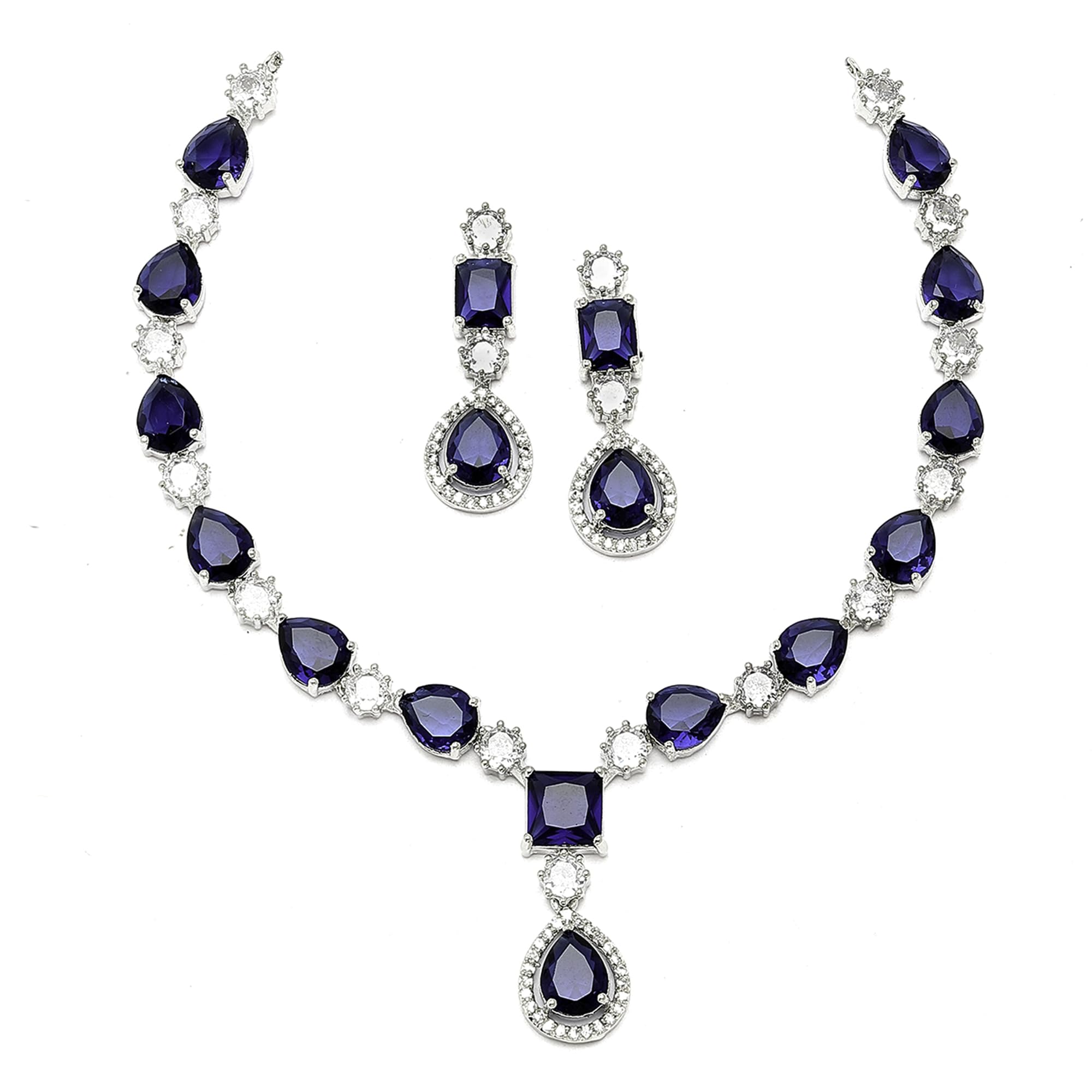 ZENEME Rhodium-Plated American Diamond Studded Fashionable Necklace With Earrings Jewellery Set For Girls and Women