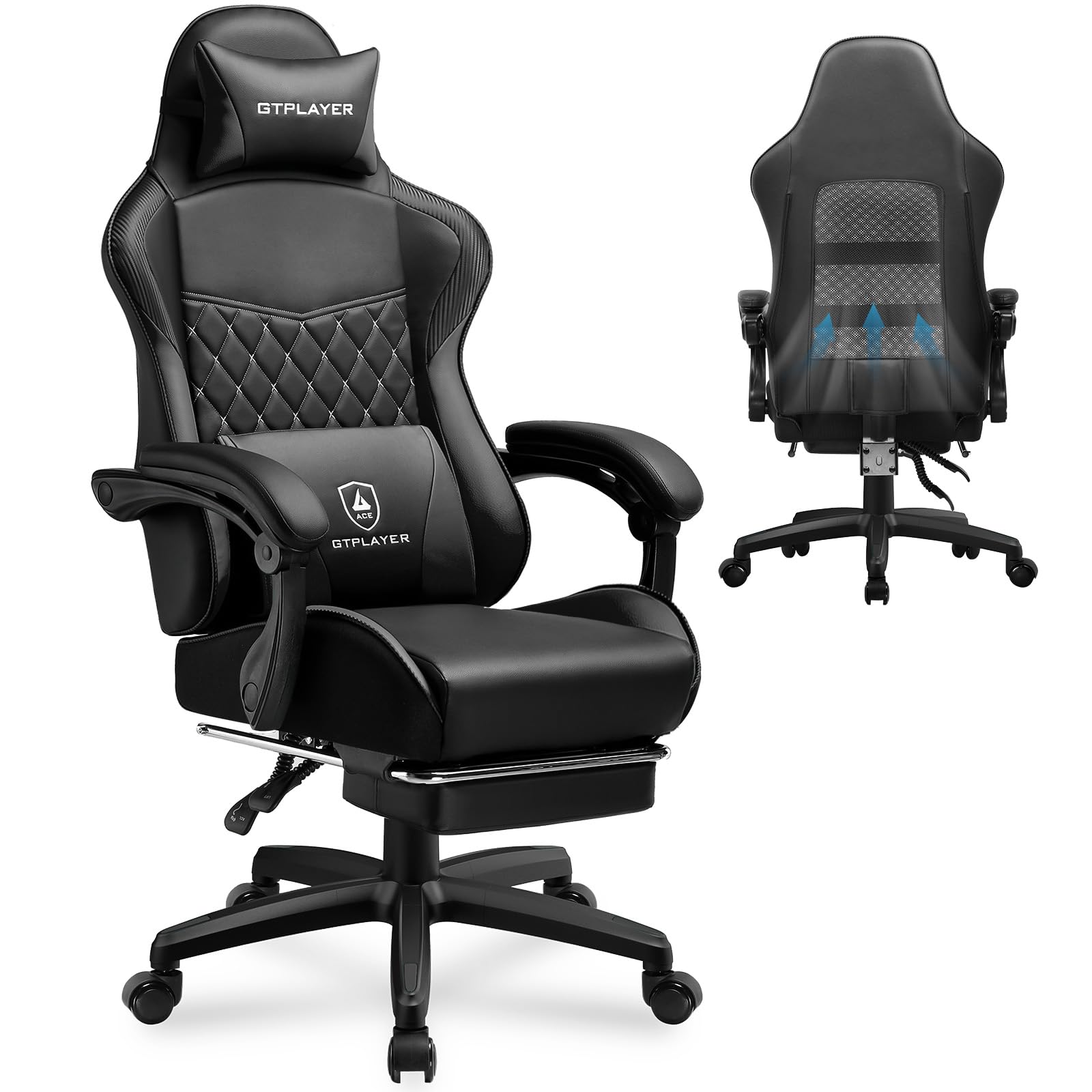 GTPLAYER Gaming Chair, High Back Leather Computer Gaming Chair with Footrest, Ergonomic Height Adjustable Office Chair with Removable Cover and Lumbar Support for Gaming and Work (Black)