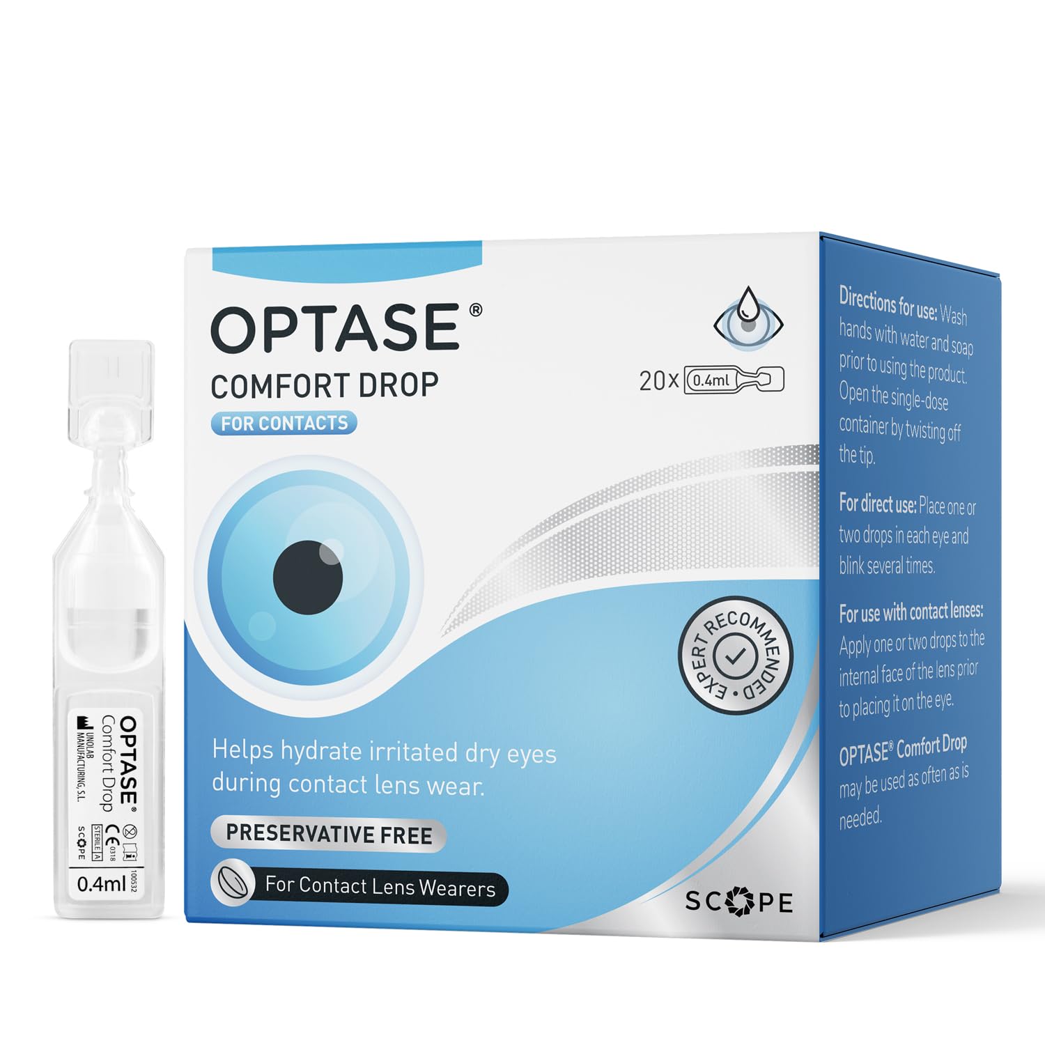 Optase Comfort Drop - Eye Drops to Help Hydrate Irritated and Dry Eyes During Contact Lens Wear - Preservative Free - 20 x 0.4ml Drops