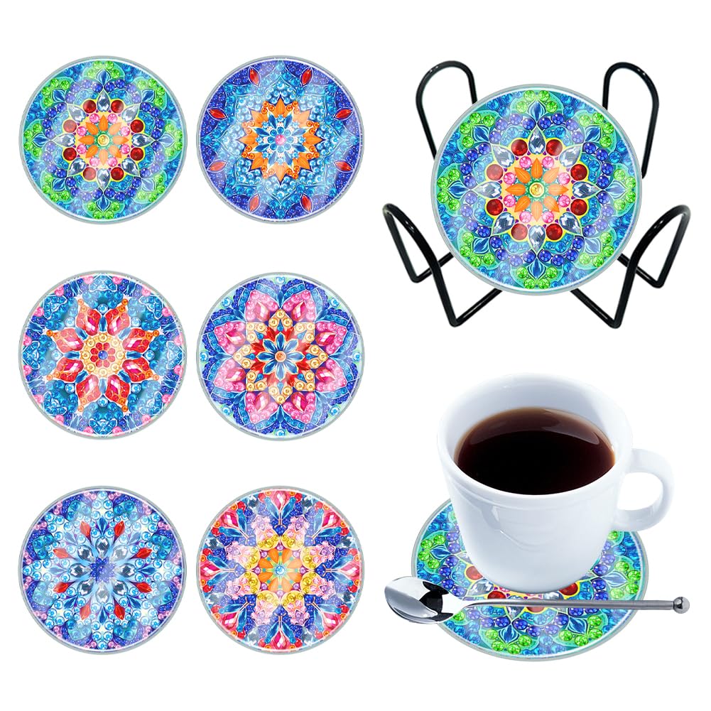 Fehploh 6PCS s Kits Mandala Acrylic DIY Small Washable Crafts with Holder for Coffee Table Bar Mugs Glass Cu (BDZ08)