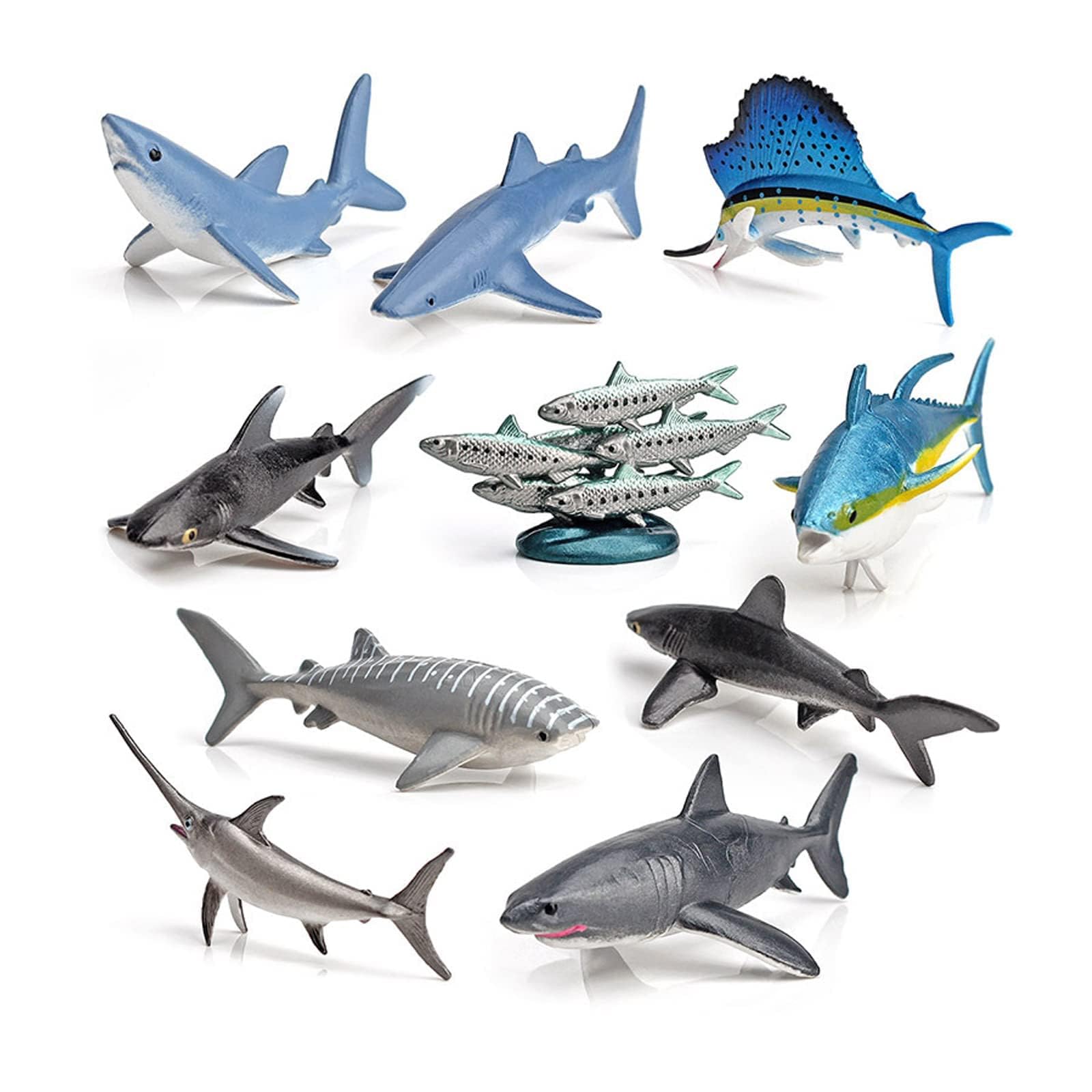 KhaznaRealistic Mini Sea Creature Figures Toy, 10 Pcs Ocean Animal Pelagic Fish Figurine Set with Whale Sharks Tunas Swordfish Sailfish Sardines Educational Marine for Bath Pool Toy Cake Topper