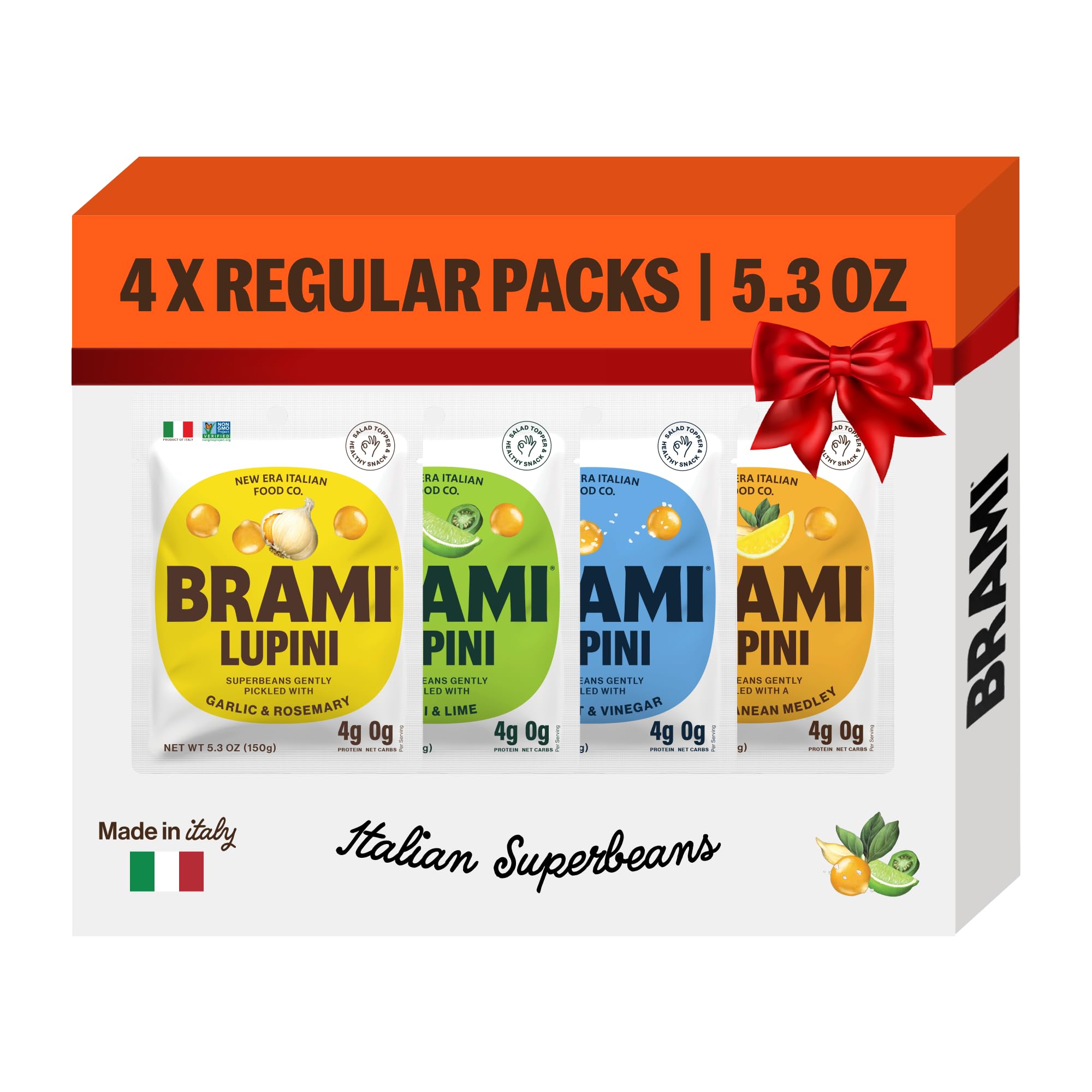 BRAMI Lupini Beans Snack, Variety Pack | 7g Plant Protein, 0g Net Carbs | Vegan, Keto, Plant Based, Mediterranean Diet | Pickled Vegetable |5.3 Ounce (4 Count)