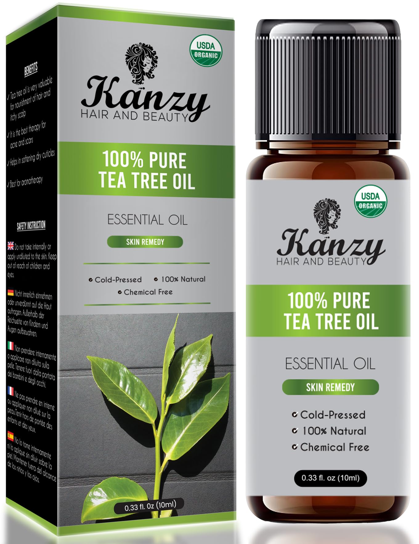 Kanzy Organic Tea Tree Essential Oil 100% Pure Tea Tree Oil for Skin, Hair, Face, Nails Natural Vegan & Undiluted for Aromatherapy & Diffusers