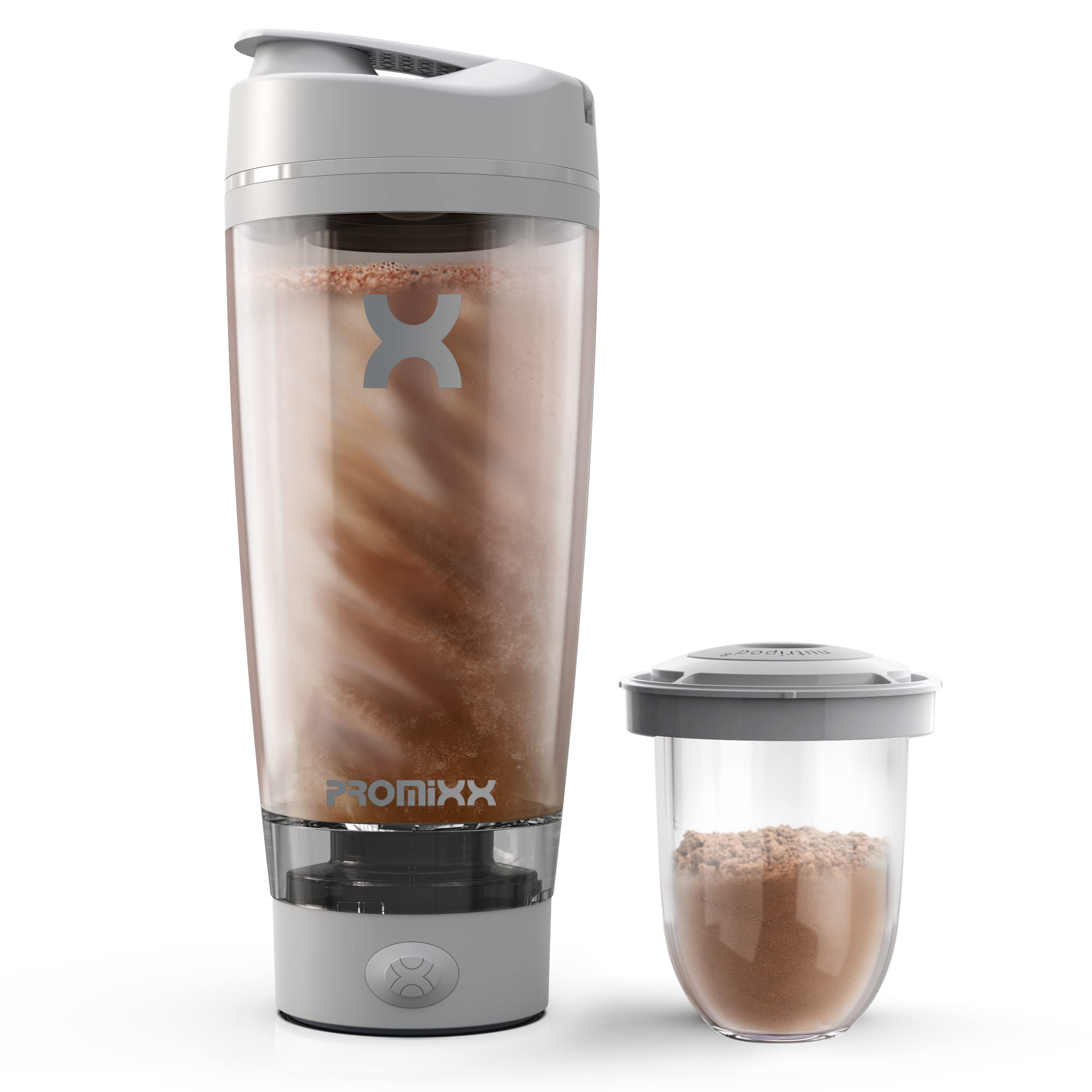 PromixxPro Shaker Bottle | Rechargeable, Powerful for Smooth Protein Shakes | includes Supplement Storage - BPA Free | 600ml Cup (Cool Gray)