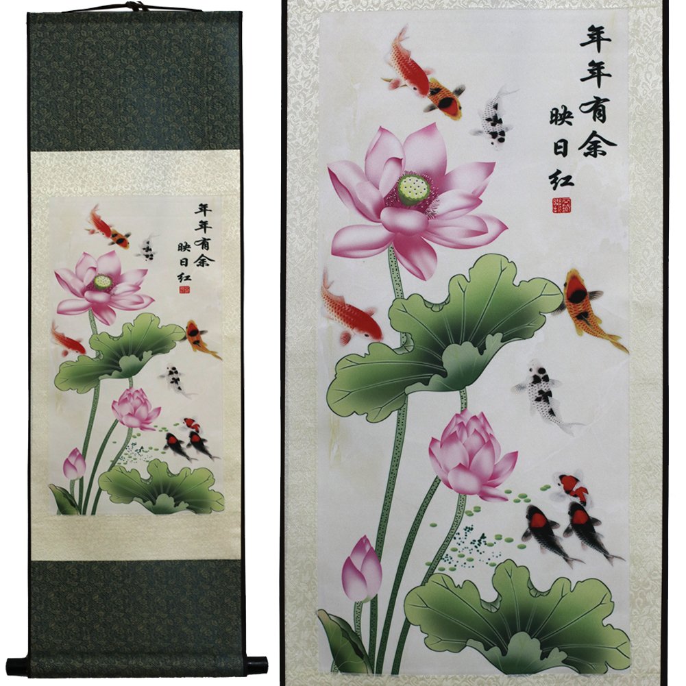 sweethome Asian Silk Scroll & Picture Scroll & Wall Scroll Calligraphy Hanging Artwork (Fish Swimming Over Lily Flower)