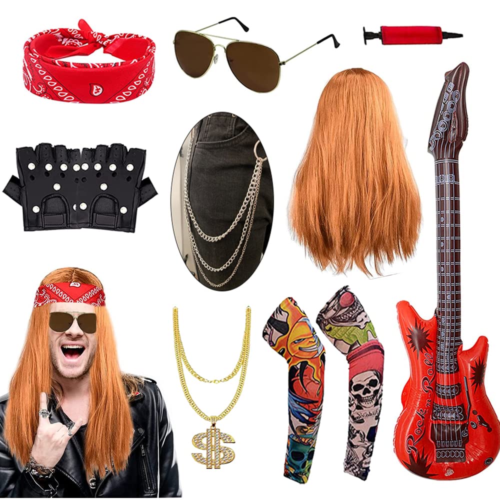 Yontree Rockstar Fancy Dress Men Kids, Rockstar Costume Outfit Accessories - Heavy Metal Wig, Vintage Red Headband, Tattoo Sleeves, Gloves, Sunglasses, Inflatable Guitar, Punk Necklace, Jeans Chain