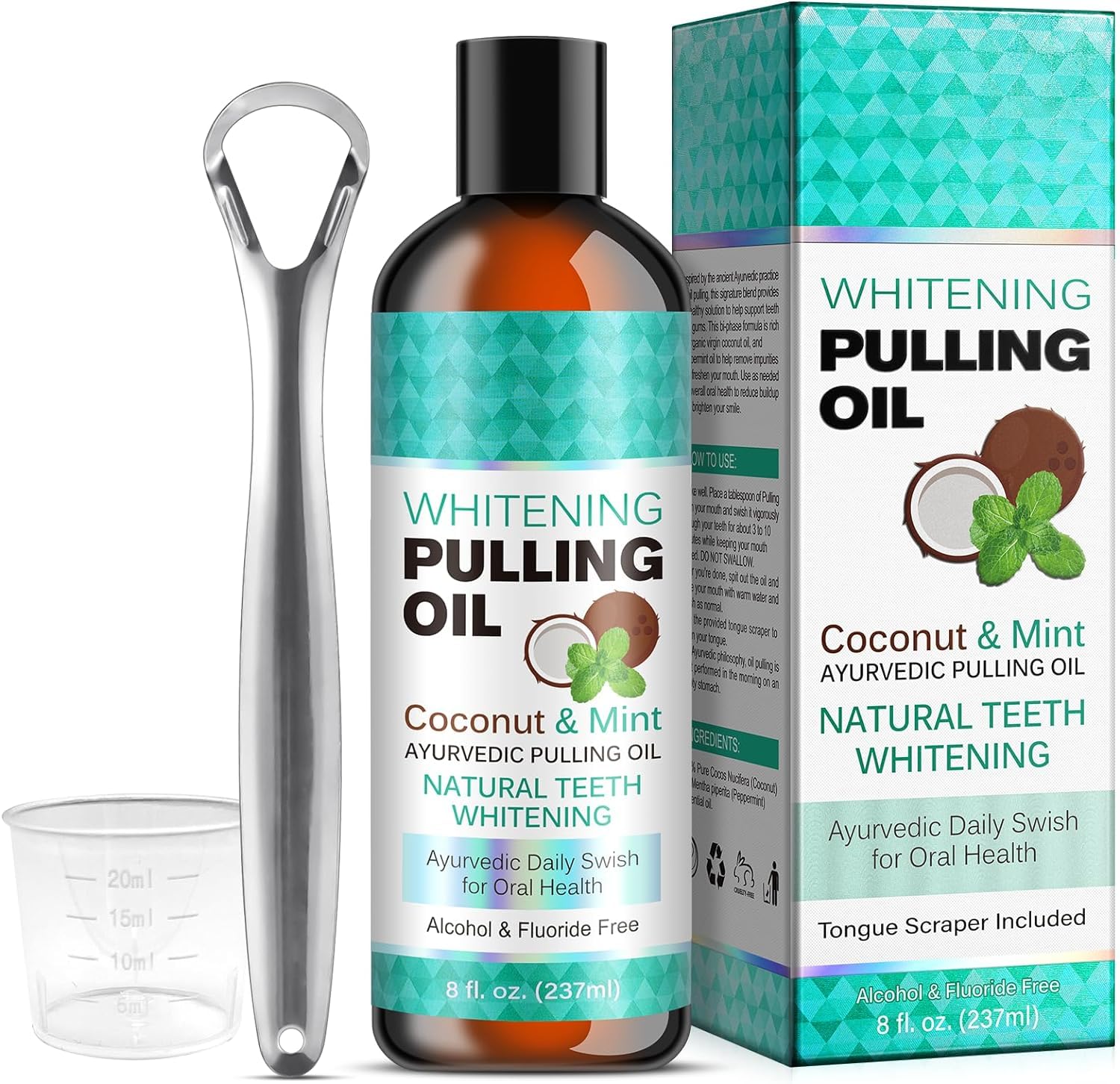 Oil Pulling Coconut Oil for Teeth, 237ml Oil Pulling Mouthwash with Tongue Scraper, Mint Pulling Oil for Teeth Whitening, Fresh Breath and Gum Health