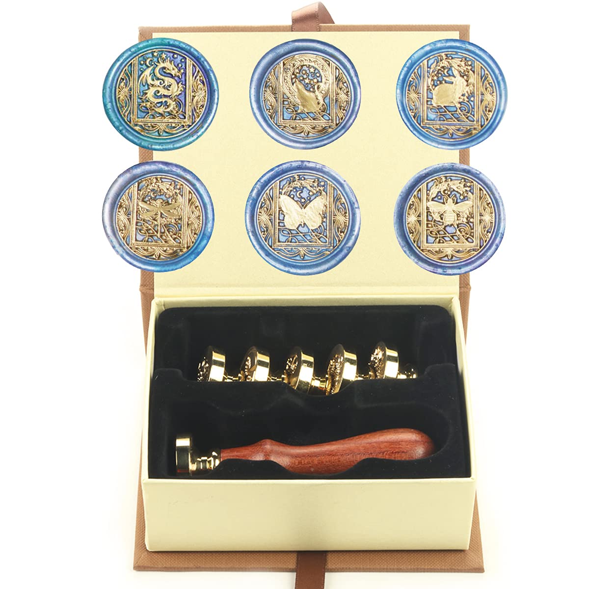 Wax Seal Stamp Set, 6 Pieces Starry Cat Dragonfly Dragon Butterfly Bee Rabbit Flower Sealing Wax Stamps Gift Kit with 6 Brass Head + 1 Wooden Handle (K1)