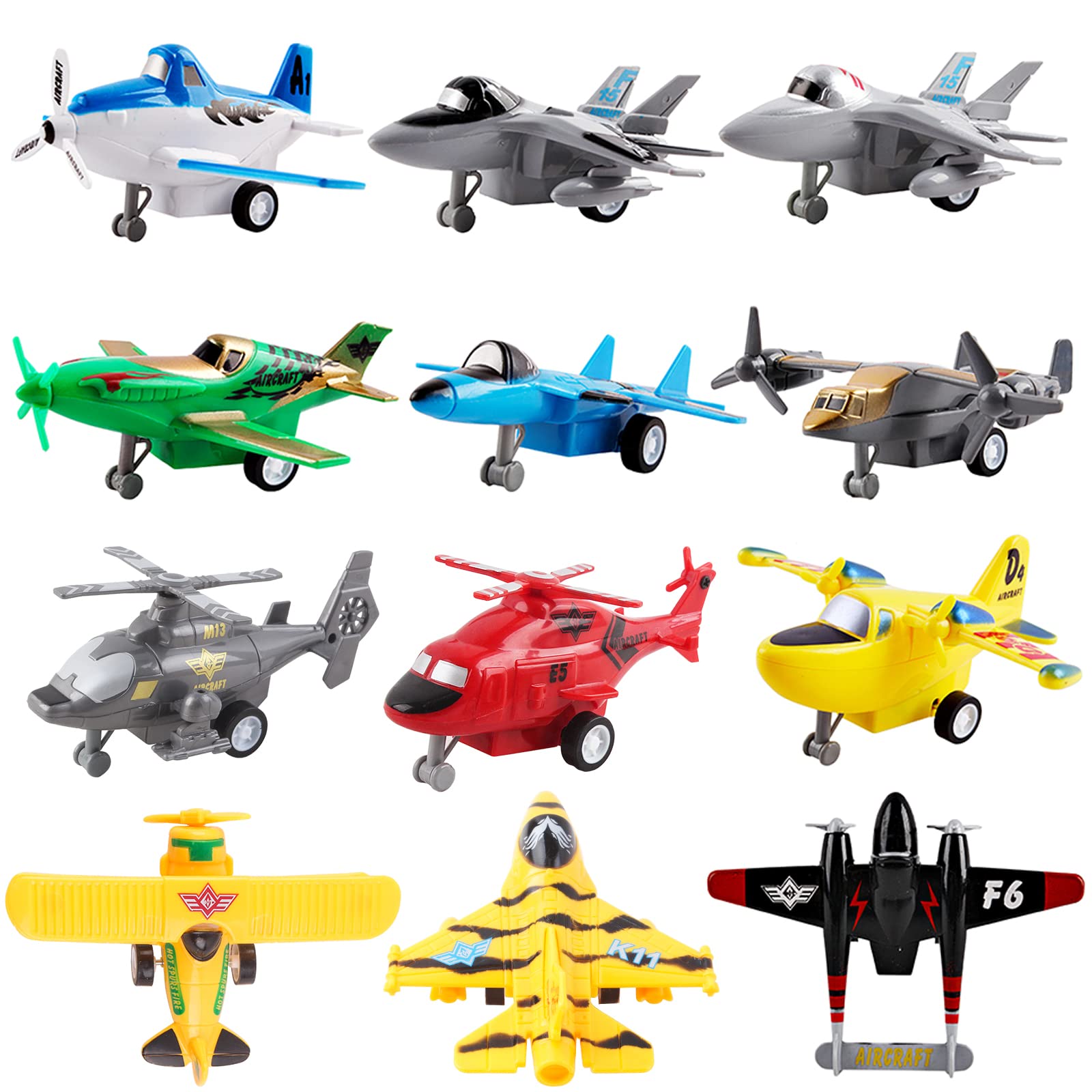 deAO Set of 12 Pull Back Airplanes Vehicle Playset Variety Pack of Helicopters, Stealth Bombers, Fighter Jets, Aircraft, Planes, Multicoloured