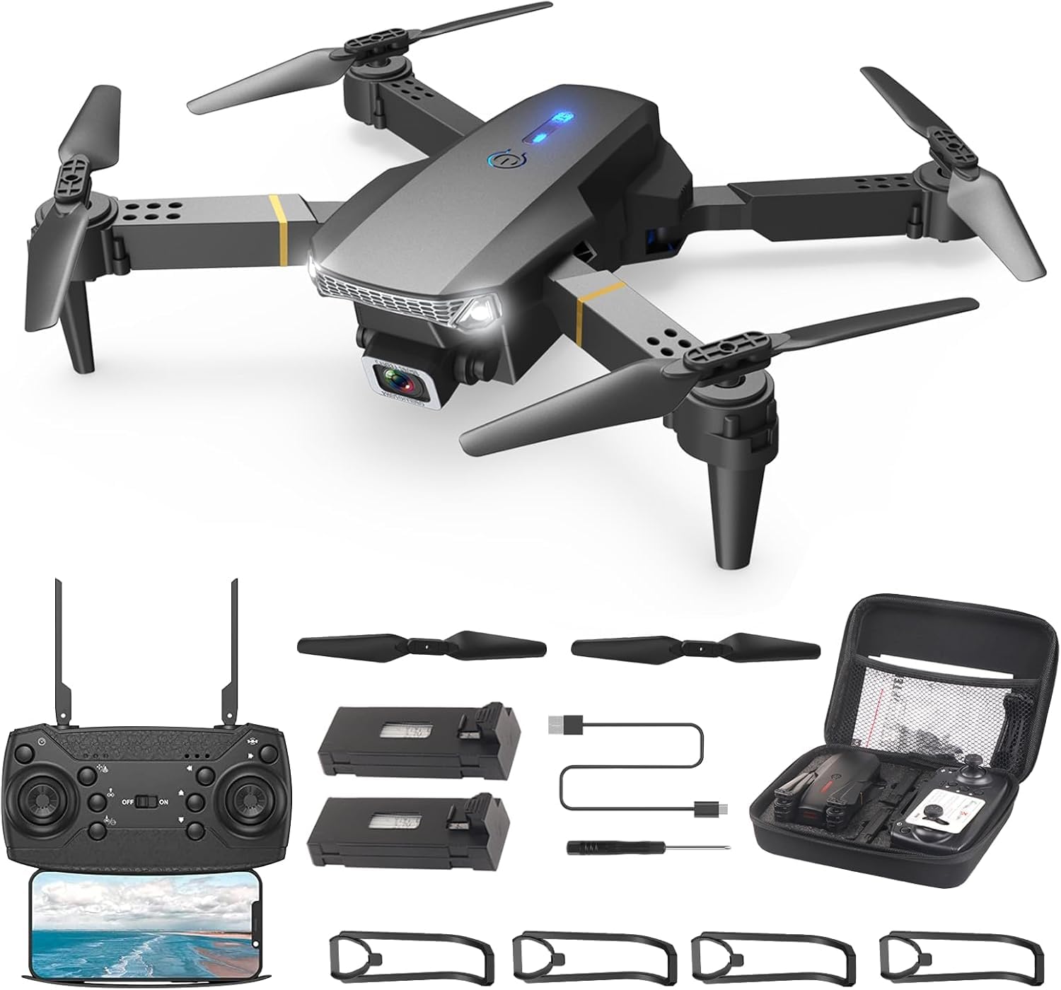 WipkvieyT27 Drone with Camera for Adults, 720p HD FPV Foldable Remote Control Drone with 3D Flips/Altitude Hold/Gesture Selfie/Waypoint Flight, 2 Batteries and Case, Gifts for Boys/Girls Beginners