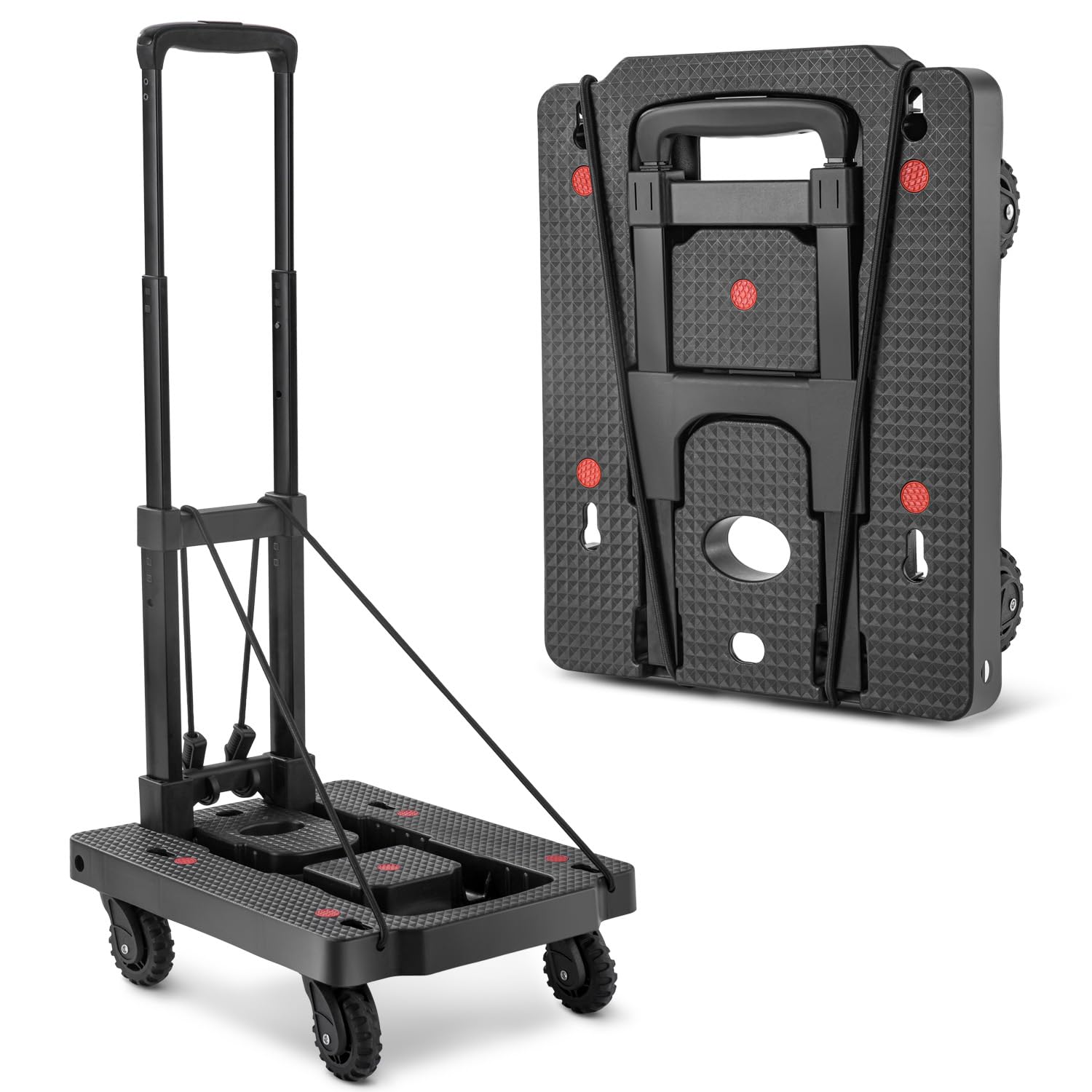 KOSTANZO Portable Folding Hand Truck Dolly, 350lbs Heavy Duty Dolly Cart, 4 Wheels Collapsible Luggage Cart with Elastic Ropes for Office Use, Travel, Moving, Shopping, Black (15.8" x 12.6")