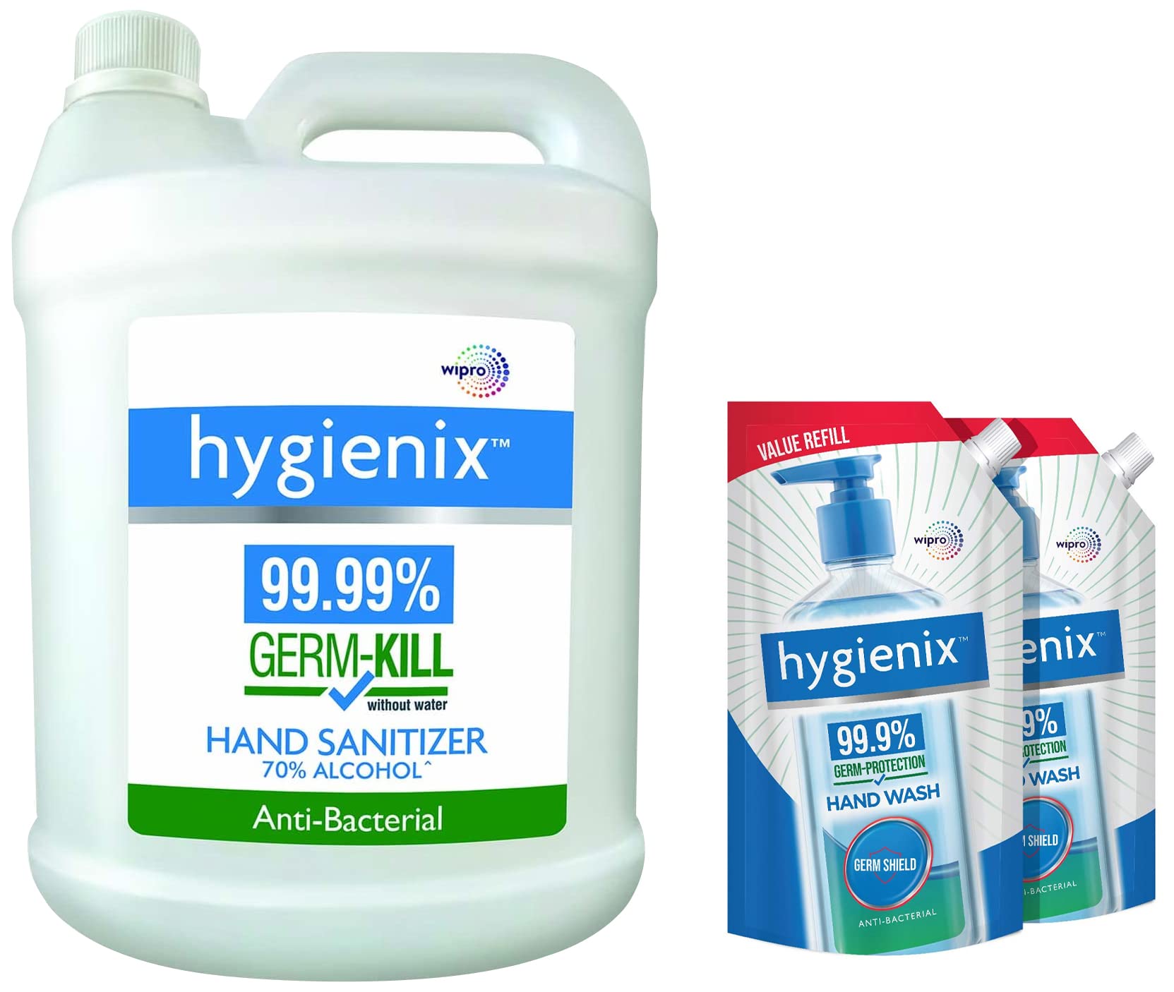 Hygienix Anti-Bacterial Handwash Refill Pack by Wipro, 750ml (Pack of 2) & Anti-Bacterial Hand Sanitizer by Wipro, 5L