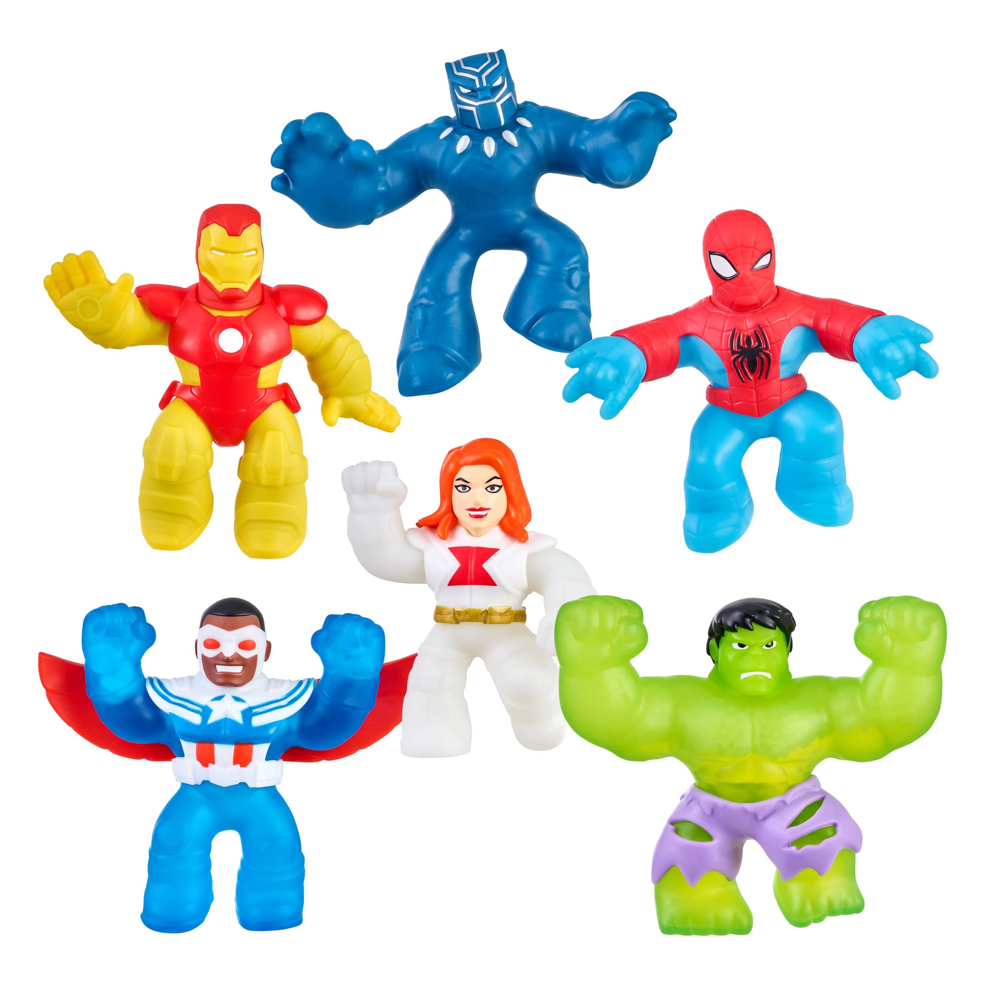 Heroes of Goo Jit ZuMarvel 6 Pack | 6 Amazon Exclusive Marvel Heroes | 4.5" Tall Action Figures | Spider-Man, Hulk, Captain America-Sam Wilson, Black Panther, Black Widow, and Iron Man