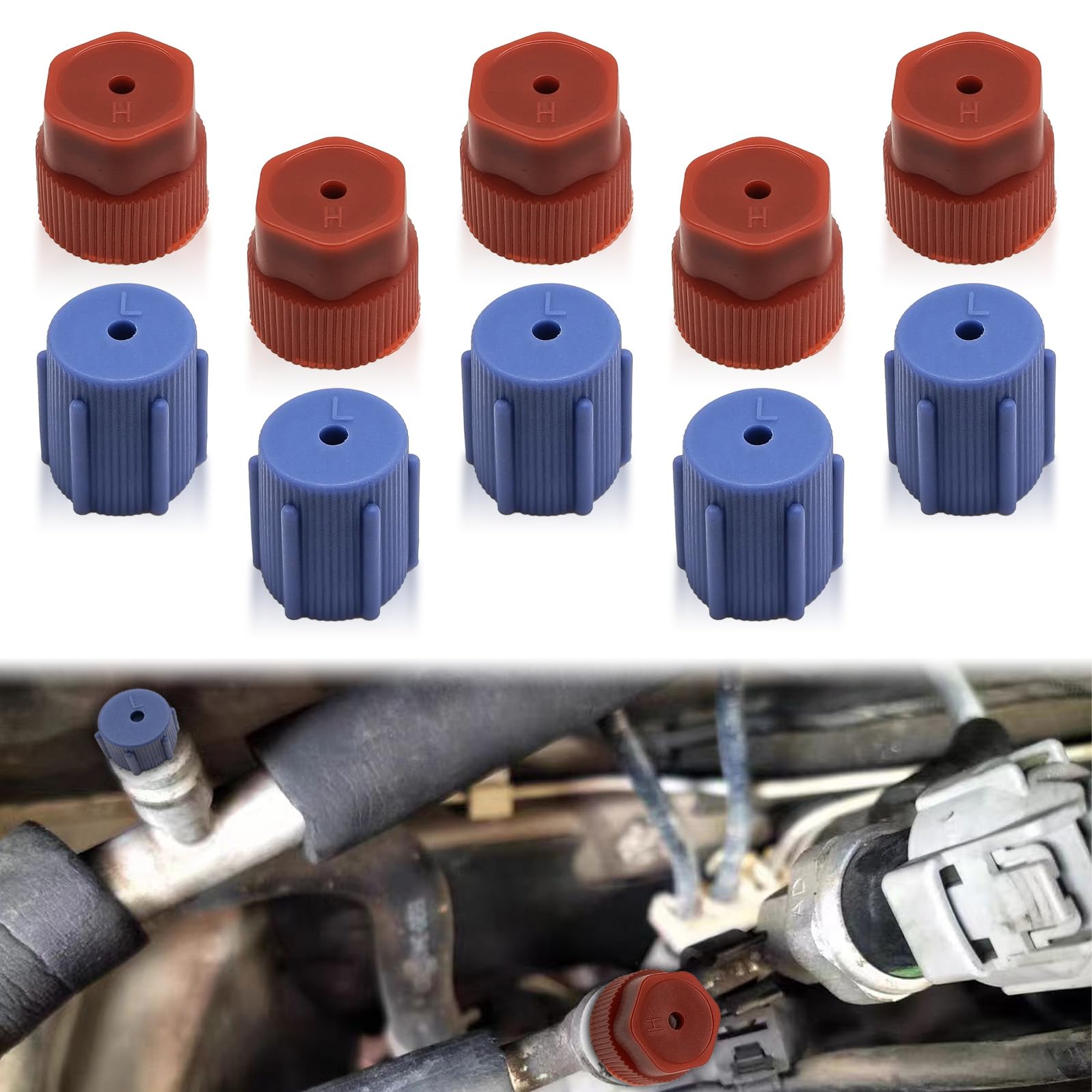 10Pcs R134a Cap A/C Cap 13mm & 16mm Air Conditioning Service AC System Charging Port Caps, 5 Sets Blue Low Side and 5 Sets Red High Side