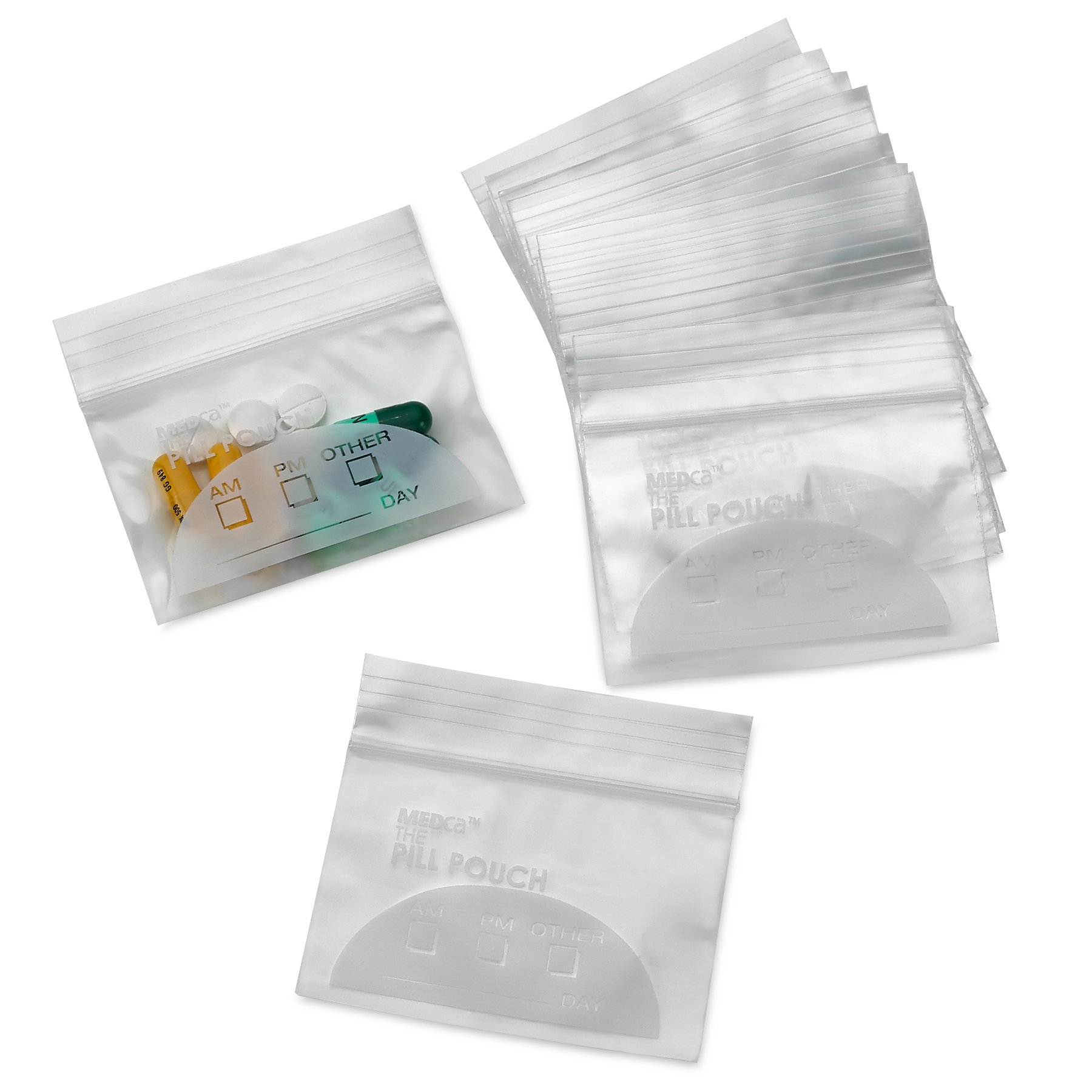 MEDcaPill Pouch Bags - (Pack of 100) 3" x 2.75" Pill Baggies and Disposable Plastic Travel Pill Bags with Write-on Labels