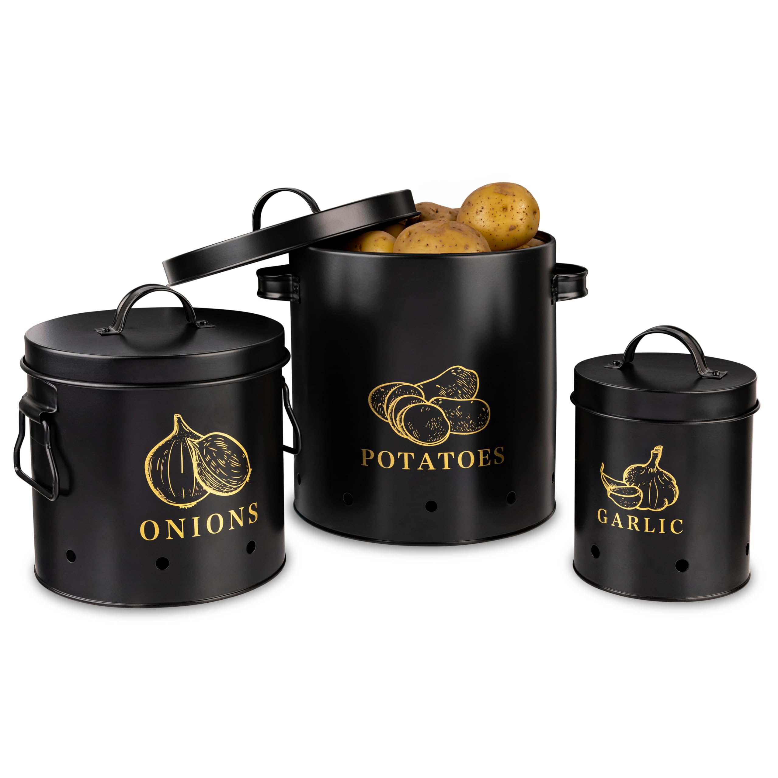 KooK Potato Storage, Onion & Garlic Bin, Set of 3, Kitchen Storage Canisters, Rustic Farmhouse Containers with Aerating Holes, Tins, Black