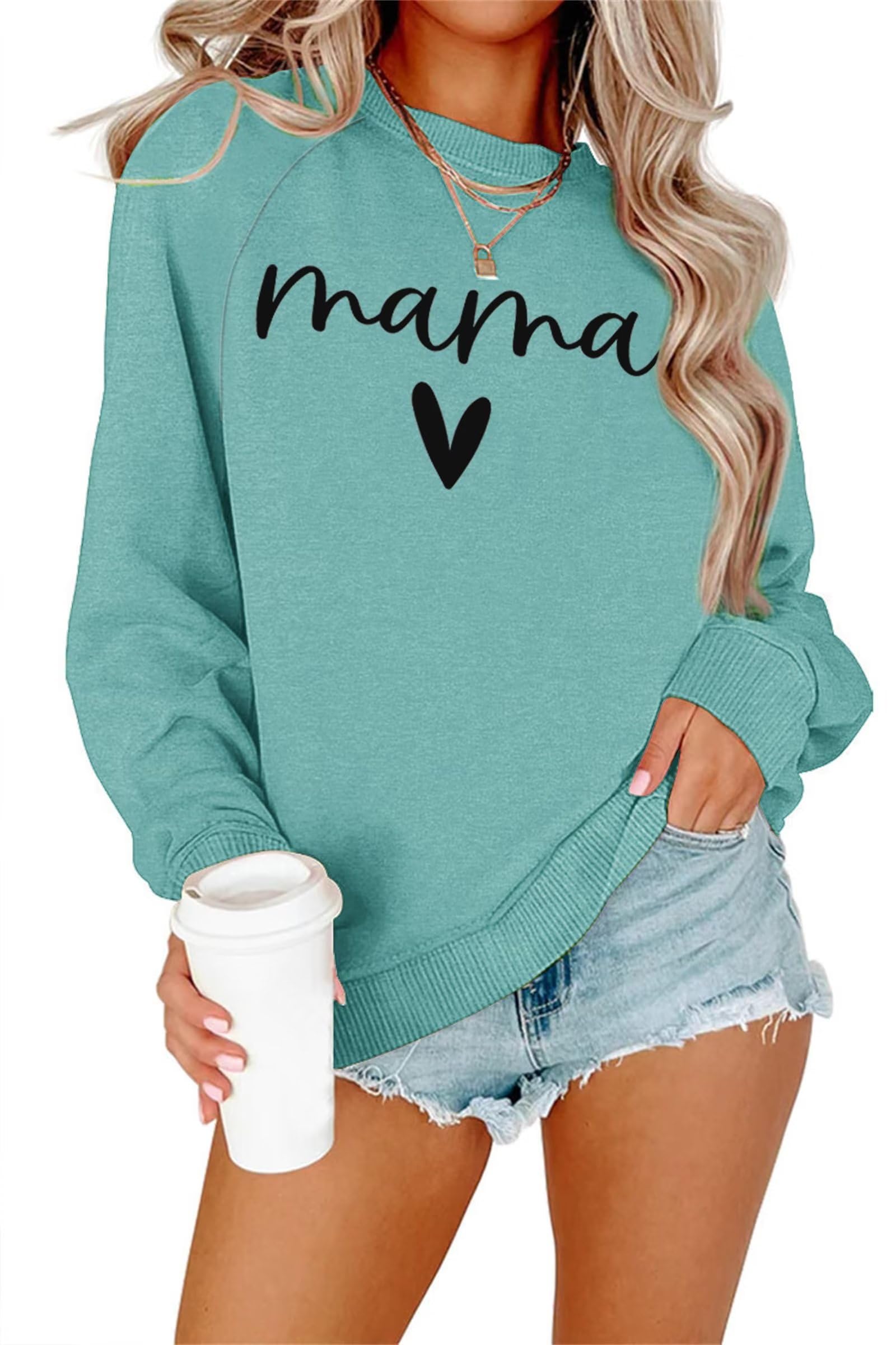 DressmineWomens Casual Long Sleeve Mama Sweatshirt Crewneck Graphic Shirts Loose Pullover Tops