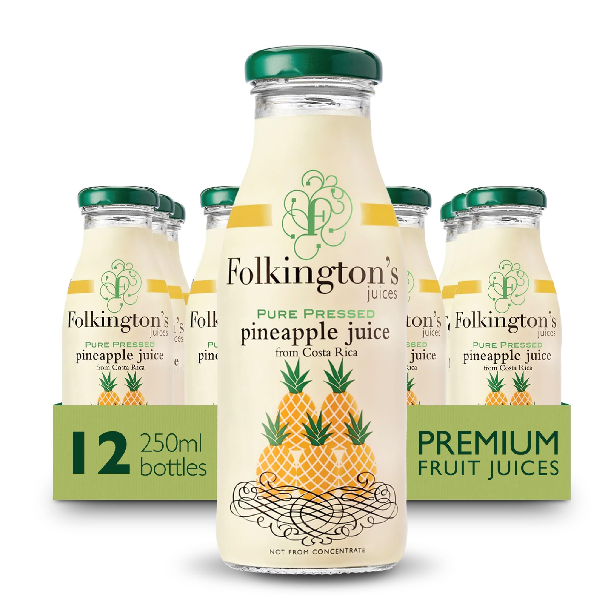 Folkington's Fruit Juice, Pineapple Juice, 12 Glass Bottles, Pure Fruit Juice, Multipack 12 x 250 ml