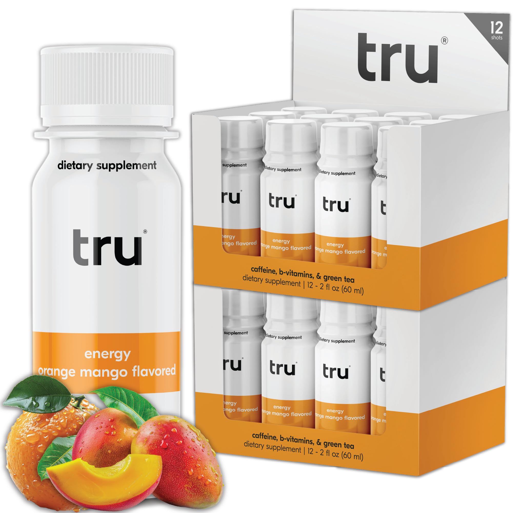 Tru Energy Shot, Orange Mango Flavored Extra Strength Energy Shots - Zero Sugar Energy Drink plus Vitamin B3, B6, B12, and Green Tea - Natural Caffeine, GF, Keto, Vegan Supplement, 2oz (Pack of 24)