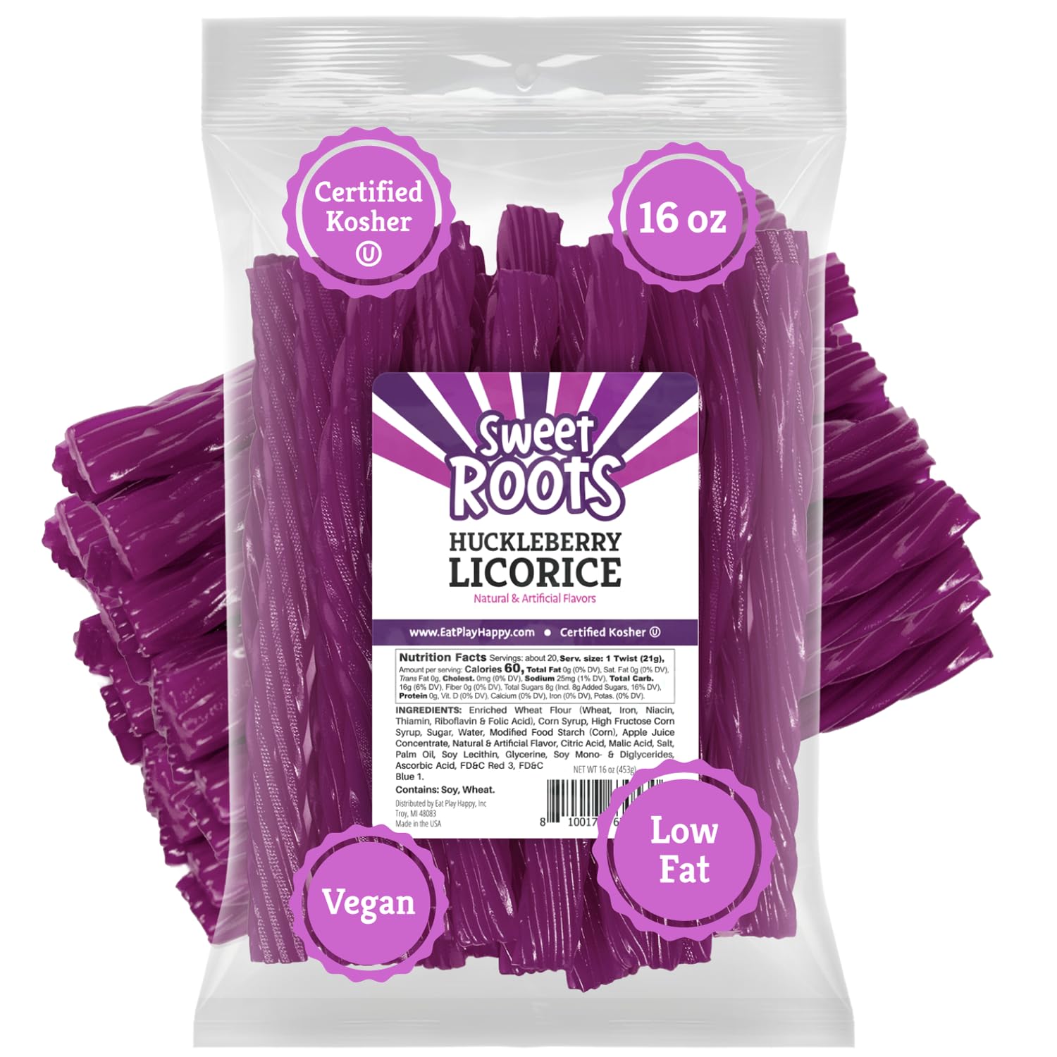 Sweet Roots Huckleberry Licorice Twists (16 oz / 1 Bag) - JUMBO Size - Made with Real Fruit Juice Concentrate - Certified Kosher - Vegan - Fat Free