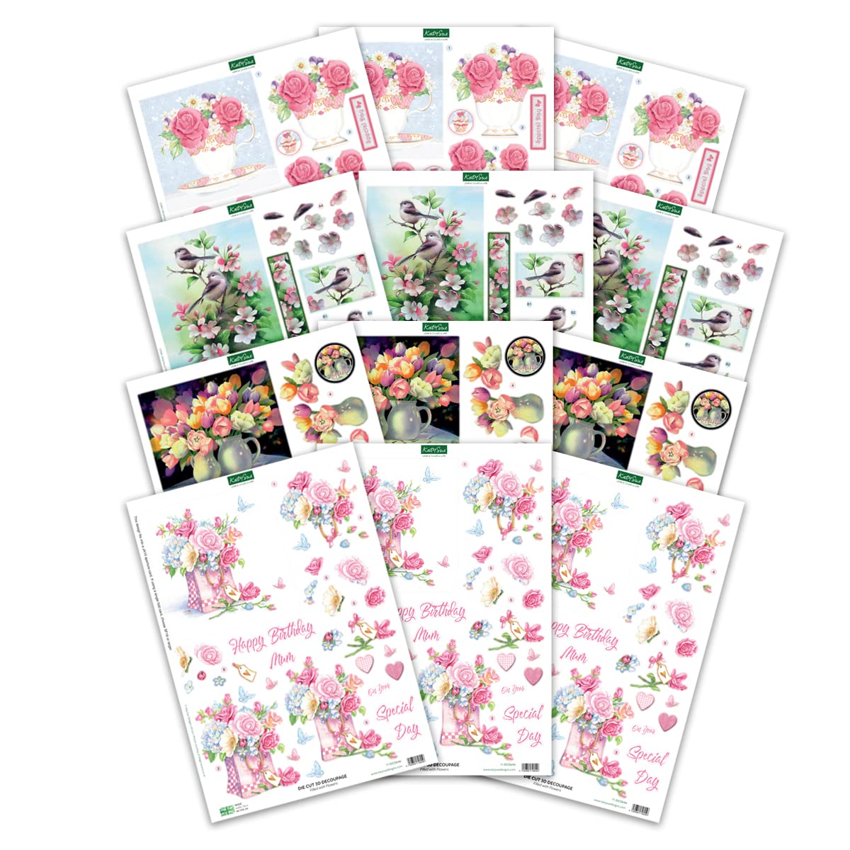 Katy Sue 'Floral Collection' Paper Tole 3D Die-Cut Decoupage Selection Pack - Contains 12 Die-Cut Sheets of Flowers & Birds in US 'Letter Size' for Card Making & Crafts