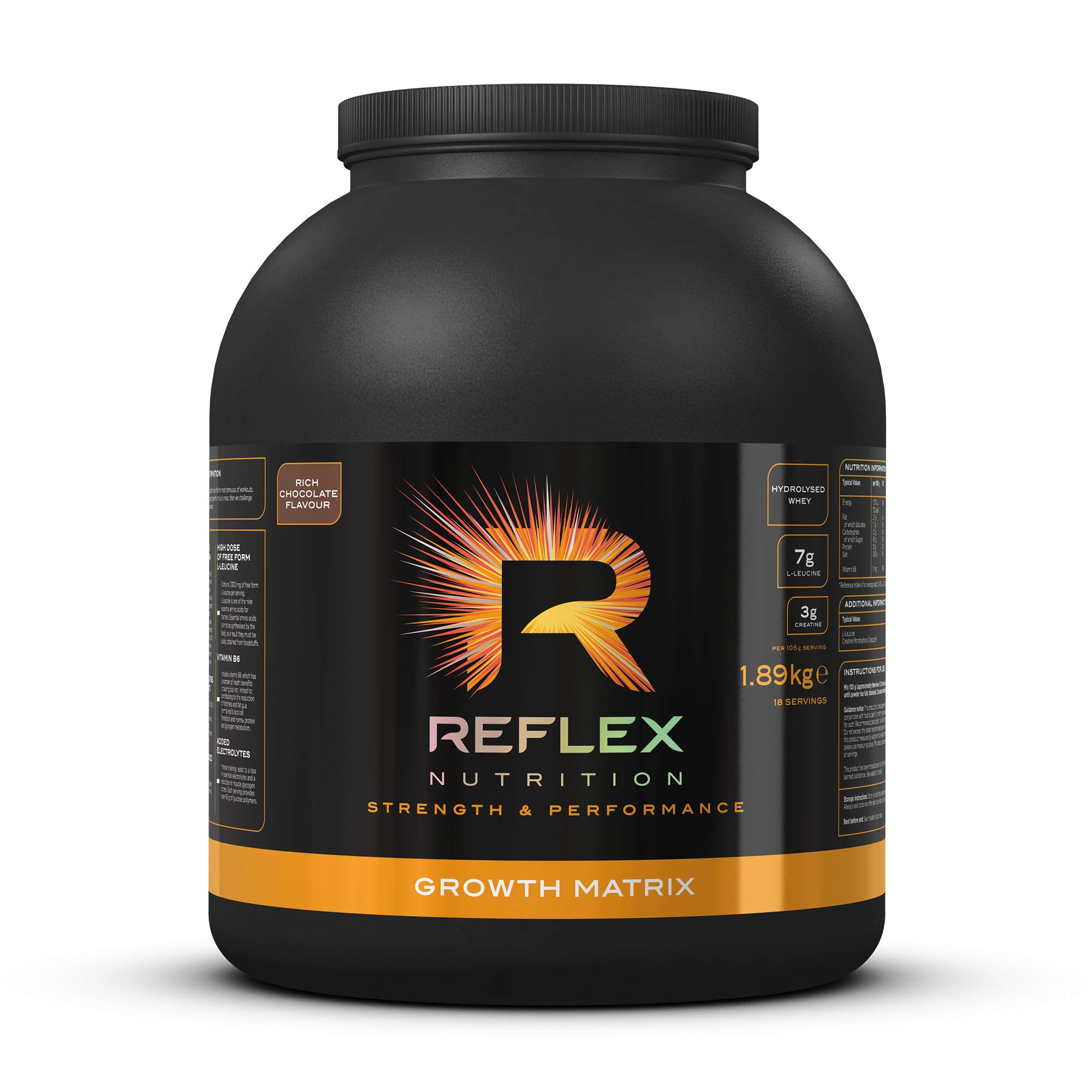 Reflex Nutrition Growth Matrix Post Workout Protein Powder Recovery Protein Powder 38g Protein per serving with BCAA's & Creapure Creatine (Chocolate) (1.89kg)