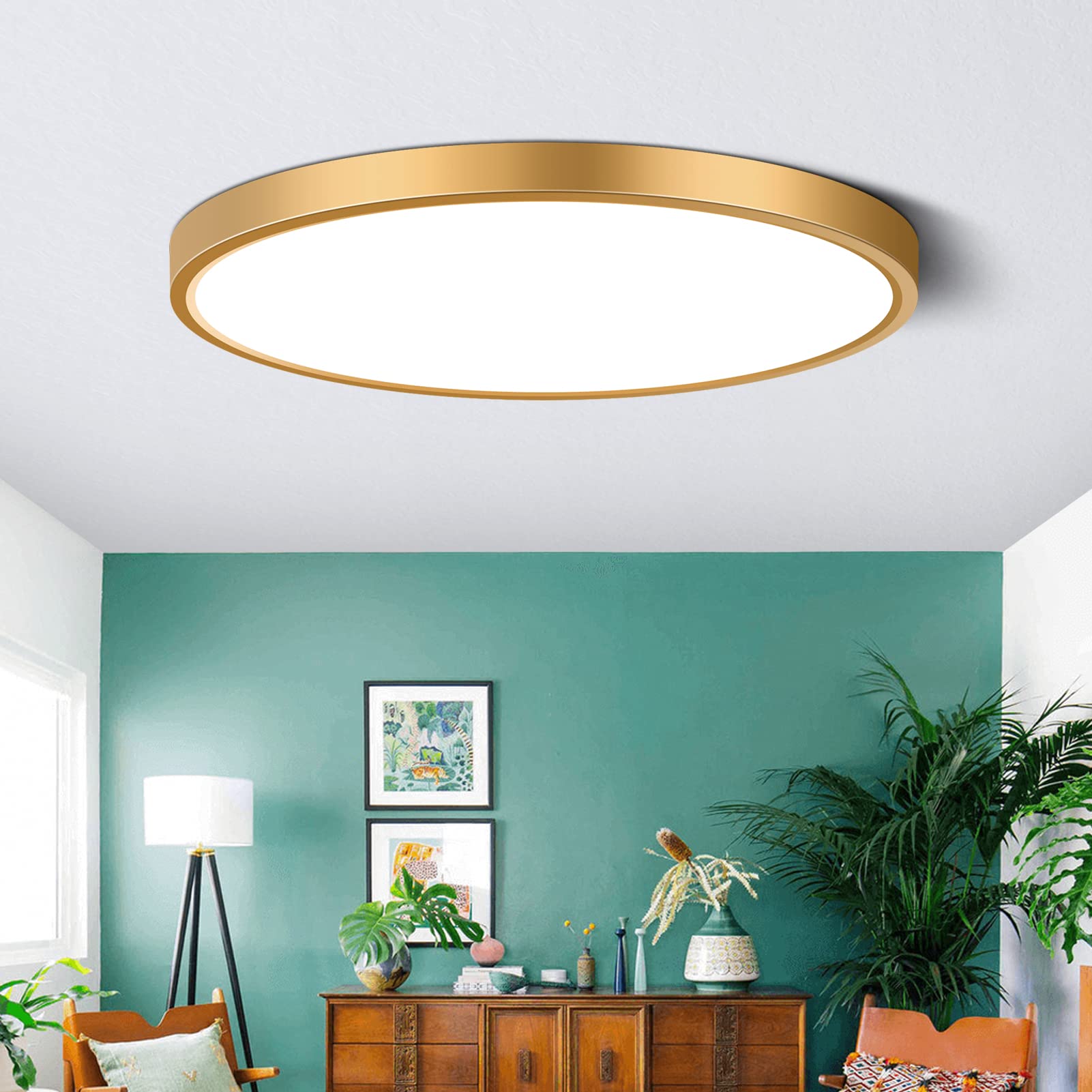 9 Inch Gold LED Flush Mount Ceiling Light, 5000K Daylight White Low Profile LED Ceiling Light, 18W 1800LM, Round Slim Flat Ceiling Lights Fixture for Closets Bedroom Hallway Stairwells Porch