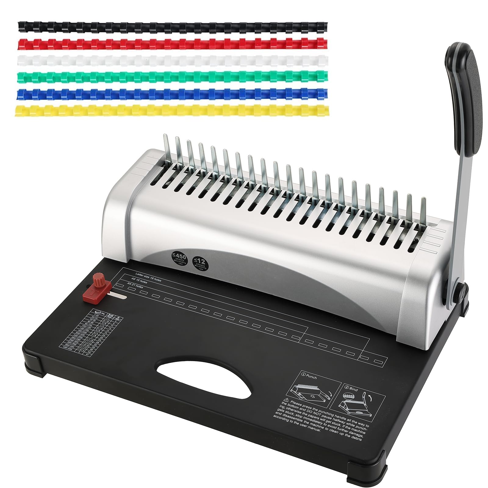 ATPEAM Comb Binding Machine | 21-Holes, 450 Sheets, Comb Binding Machine with Starter Kit 100 PCS 3/8'' Comb Binding Spines, Comb Binding Machine for Letter Size / A4 / A5