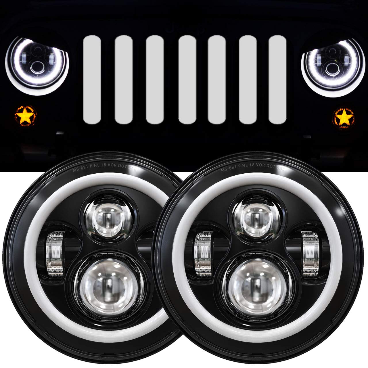 7 Inch LED Halo Headlights with Turn Signal Amber White DRL Compatible with 2007-2017 Jeep Wrangler JK JKU- Black