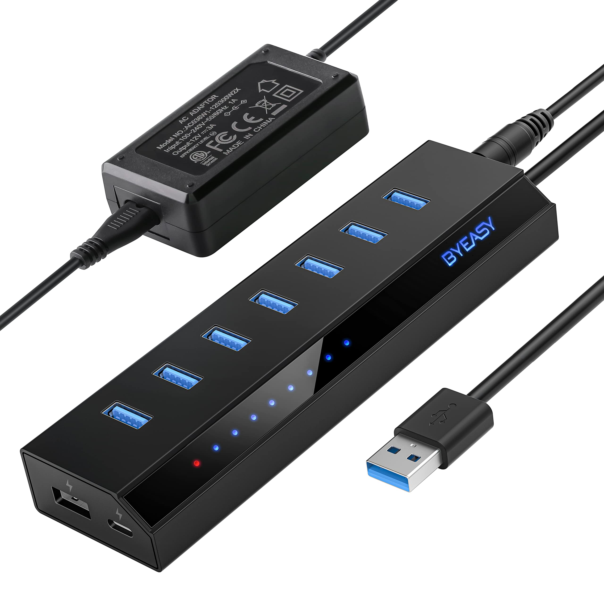 Powered USB Hub 3.0, BYEASY 9-Port USB Hub with 7 USB 3.0 Ports, 18W PD USB-C Charging Port, Smart BC Charging Port, 3A Power Data USB Splitter Compatible with Notebook Laptop Tablet USB Flash Drives