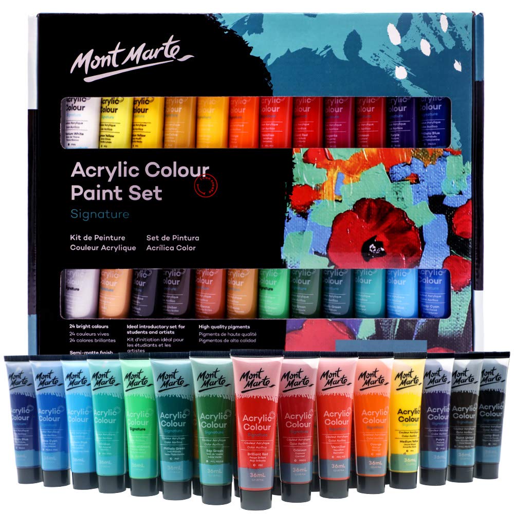 MONT MARTE Acrylic Paint Set 24 Colours 36ml, Perfect for Canvas, Wood, Fabric, Leather, Cardboard, Paper, MDF and Crafts