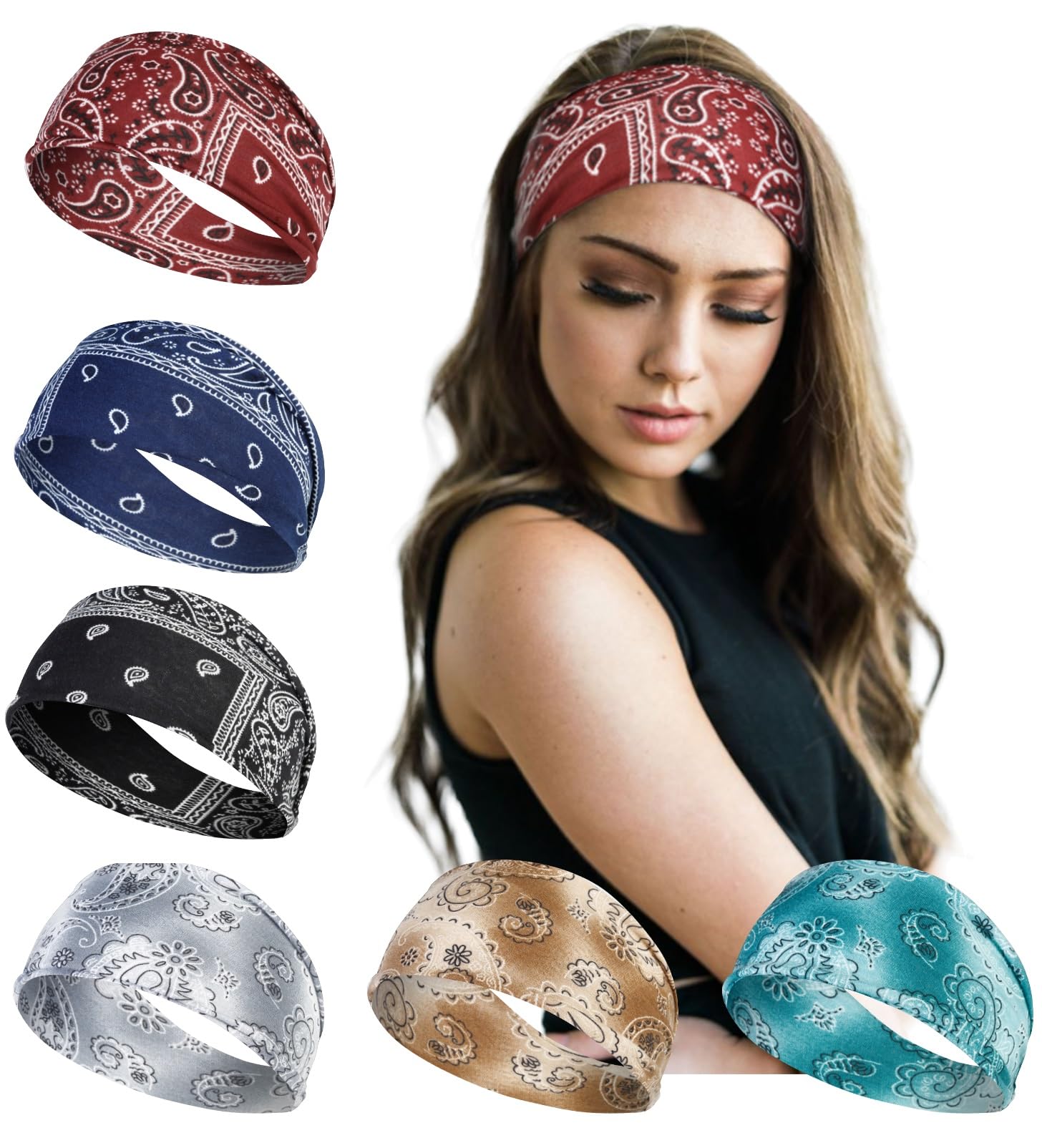 TERSEBandana Headbands for Women Boho Non Slip Headband for Women Short Hair Elastic Sweat Bands Headbands Soft Hair Bands Workout Yoga Running Sport Wide Head Bands, Paisely Women Headbands Fashion