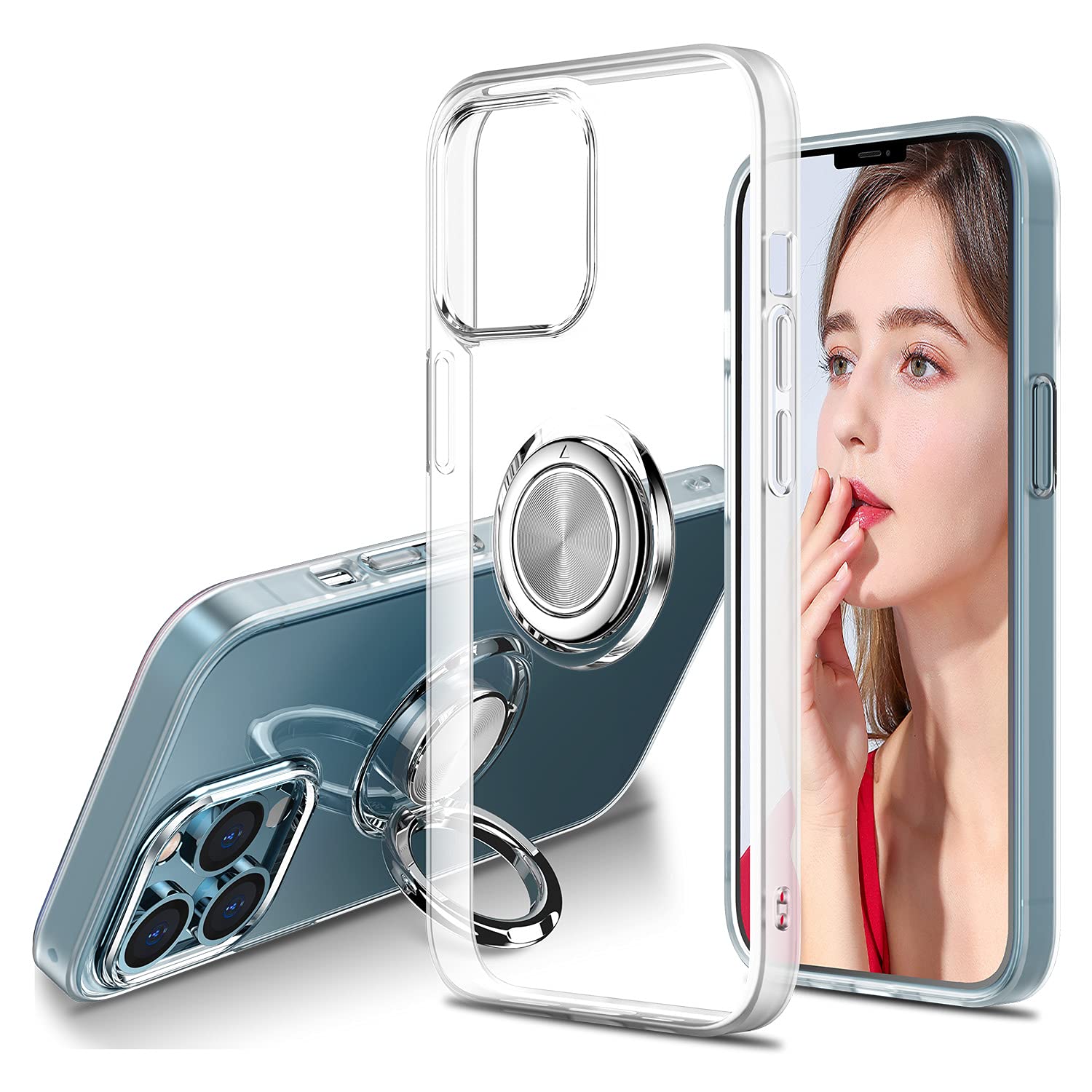 WATACHE Compatible with iPhone 13 Pro Case, Crystal Clear Slim Fit Protective Phone Case Cover with [Ring Holder Kickstand] [Magnetic Car Mount Feature] for iPhone 13 Pro 6.1 Inch 2021,Clear