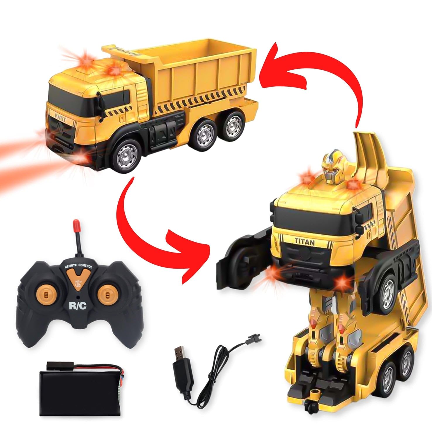 Fitto Transformer RC Truck, Dump Truck Mode and Robot Mode One Button Transformation, Yellow