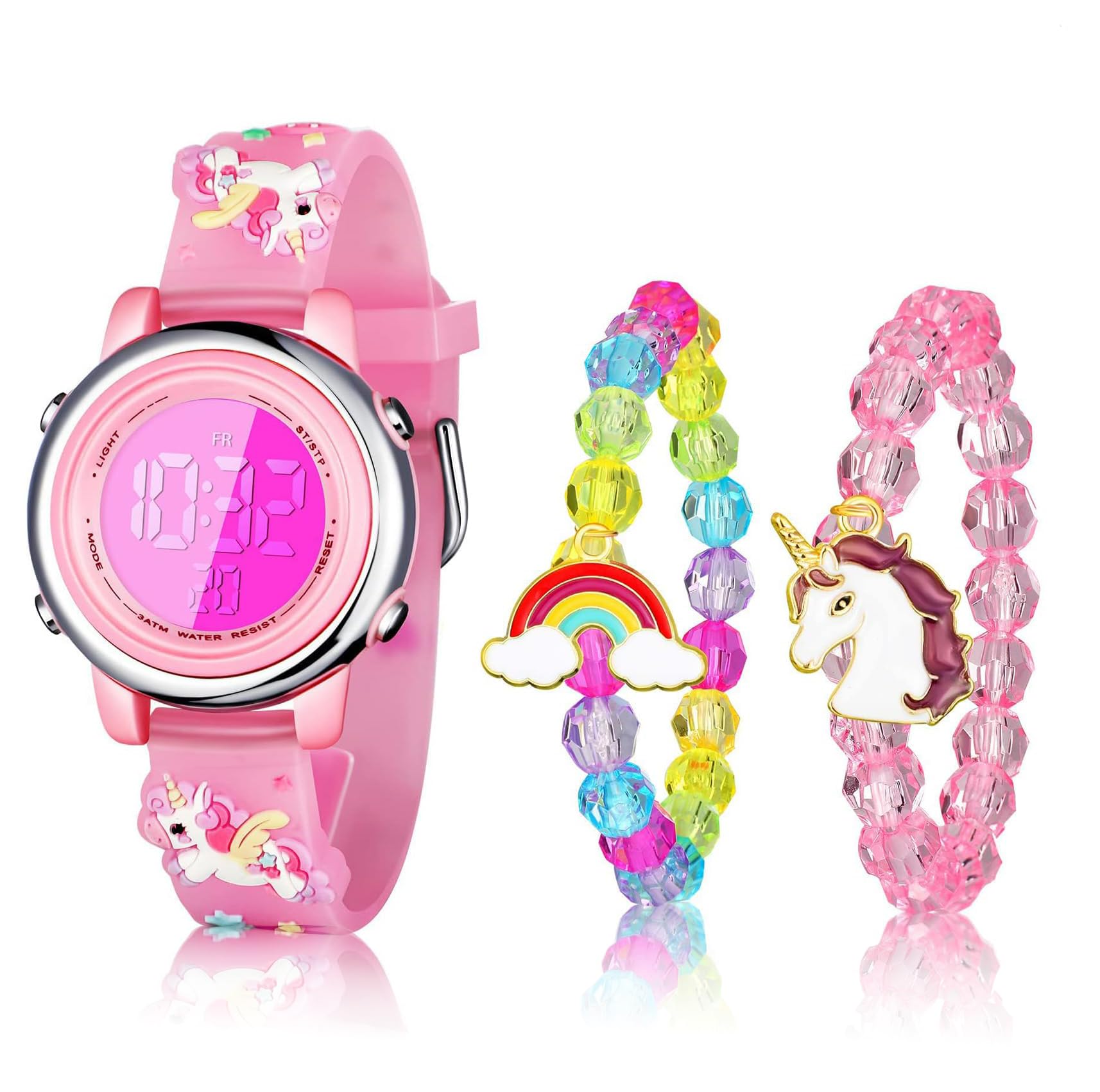 Sweet seven3 pcs Unicorn-themed Kids Watch Set: Waterproof Digital Watch with Alarm, Stopwatch, and Unicorn Bracelet - Perfect Back to School & Birthday Gift for Girls Ages 3-10 Pink