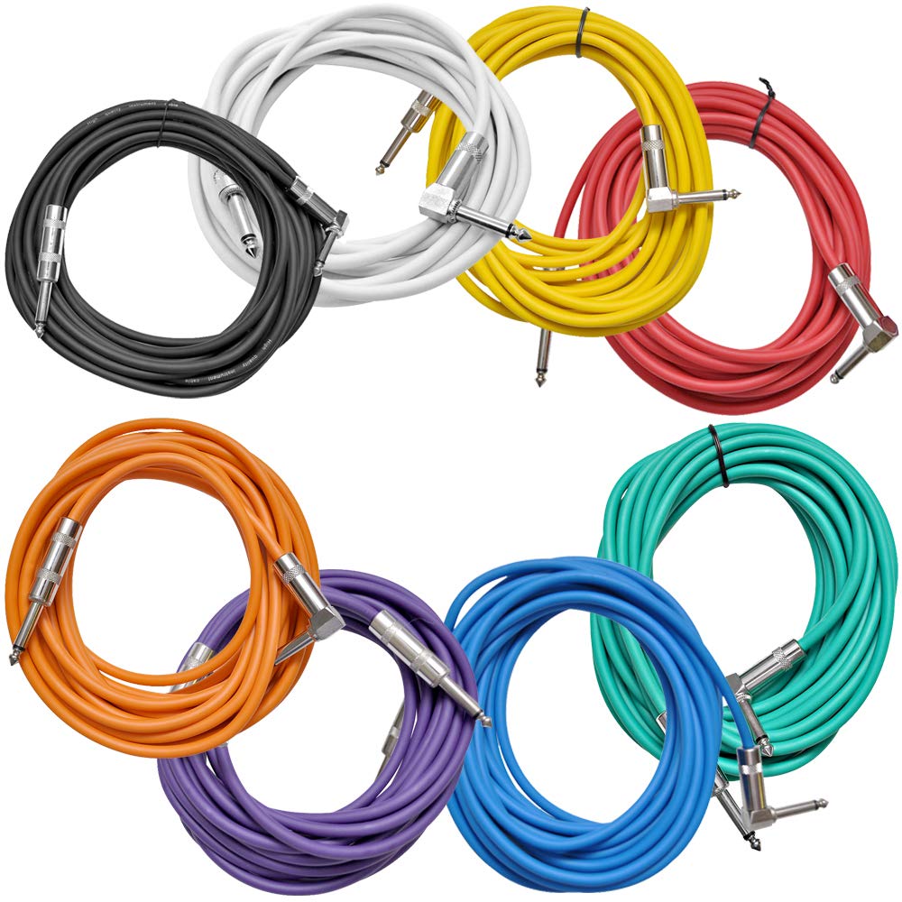 Seismic Audio - SAGC20R-Multi - 8 Pack of 20 Foot Multi-Color 1/4 Inch TS Right Angle to Straight Guitar Cables 20' Instrument 1/4" Guitar Cords